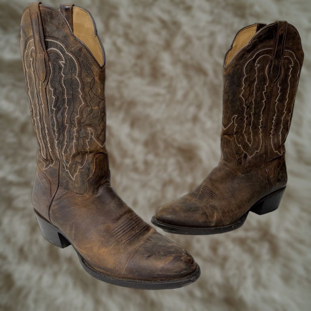 Vintage J.B. Dillon Western Boots Men 11 D Brown Goat Leather Embroidered Cowboy Boots Size US 11 / EU 44 - 1 Thumbnail