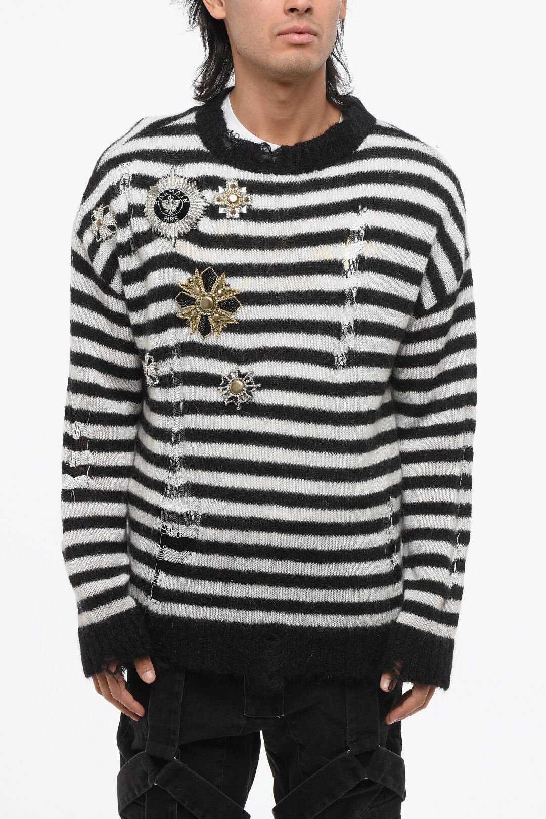 Balmain og1mm0326 Crewneck Vintage-Effect Striped Sweater BlackWhite Size US XS / EU 42 / 0 - 1 Thumbnail