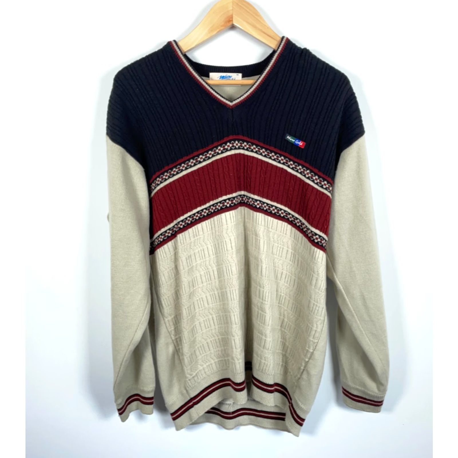 Vintage VINTAGE Micro Gold Sweater Men's 80s V-Neck Striped Knit Beig​e Red Stripe Pullover Size US L / EU 52-54 / 3 - 2 Thumbnail
