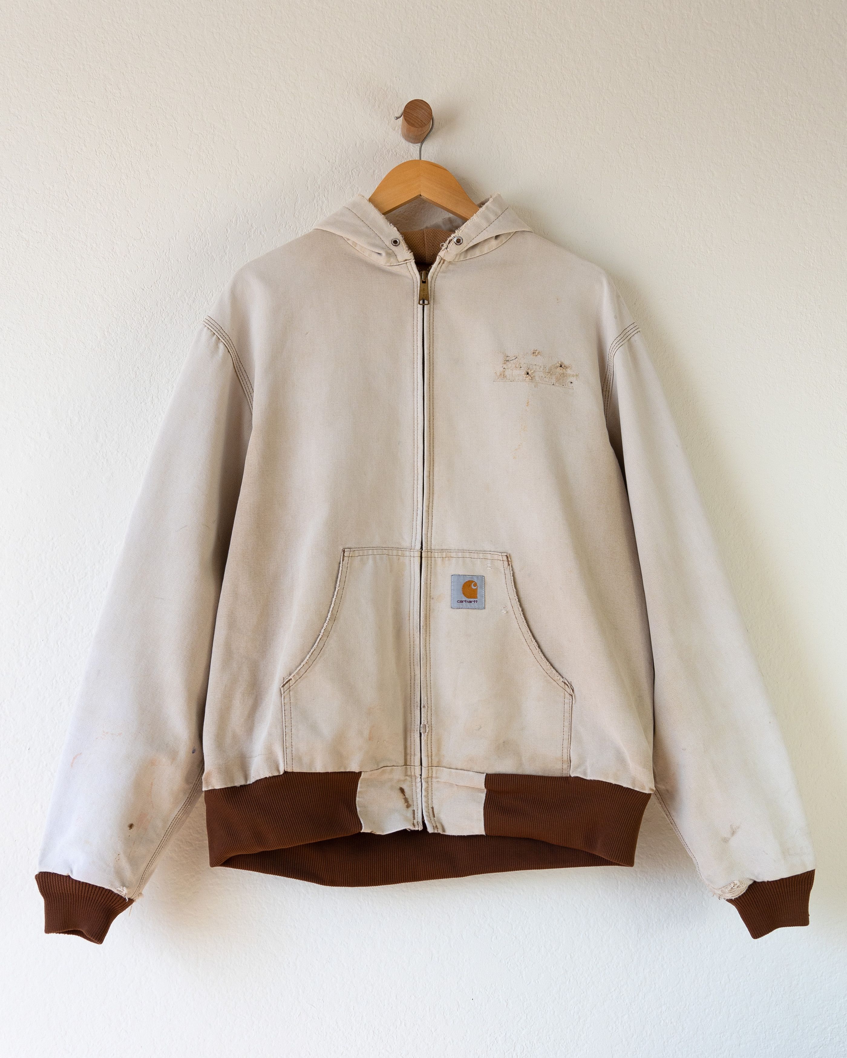 image of Sun Faded Distressed Vintage Carhartt Hooded Work Jacket in Beige, Men's (Size XL)