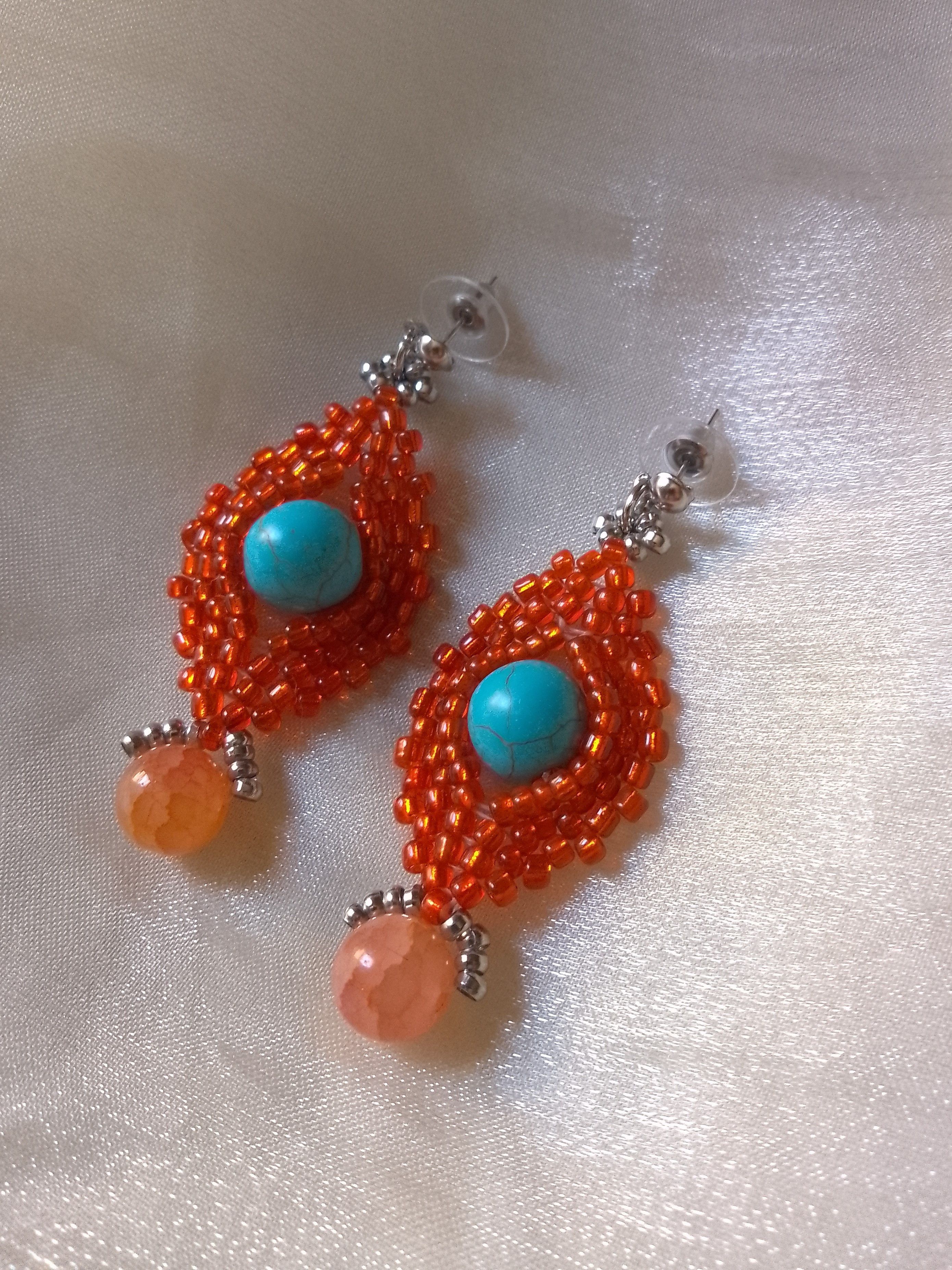 Handmade Dangling Earrings Turquoise Howlite, orange Agate gemstones Size ONE SIZE - 4 Thumbnail