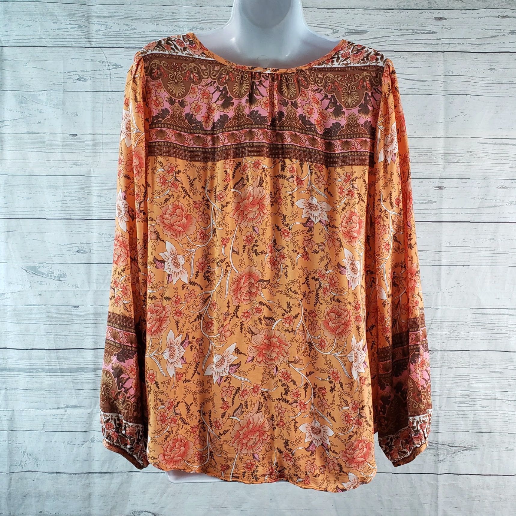 Vintage UMGEE Womens Top Sz Medium Orange Floral Long Sleeve Rayon Blouse Shirt VINTAGE? (No) Size M / US 6-8 / IT 42-44 - 4 Thumbnail