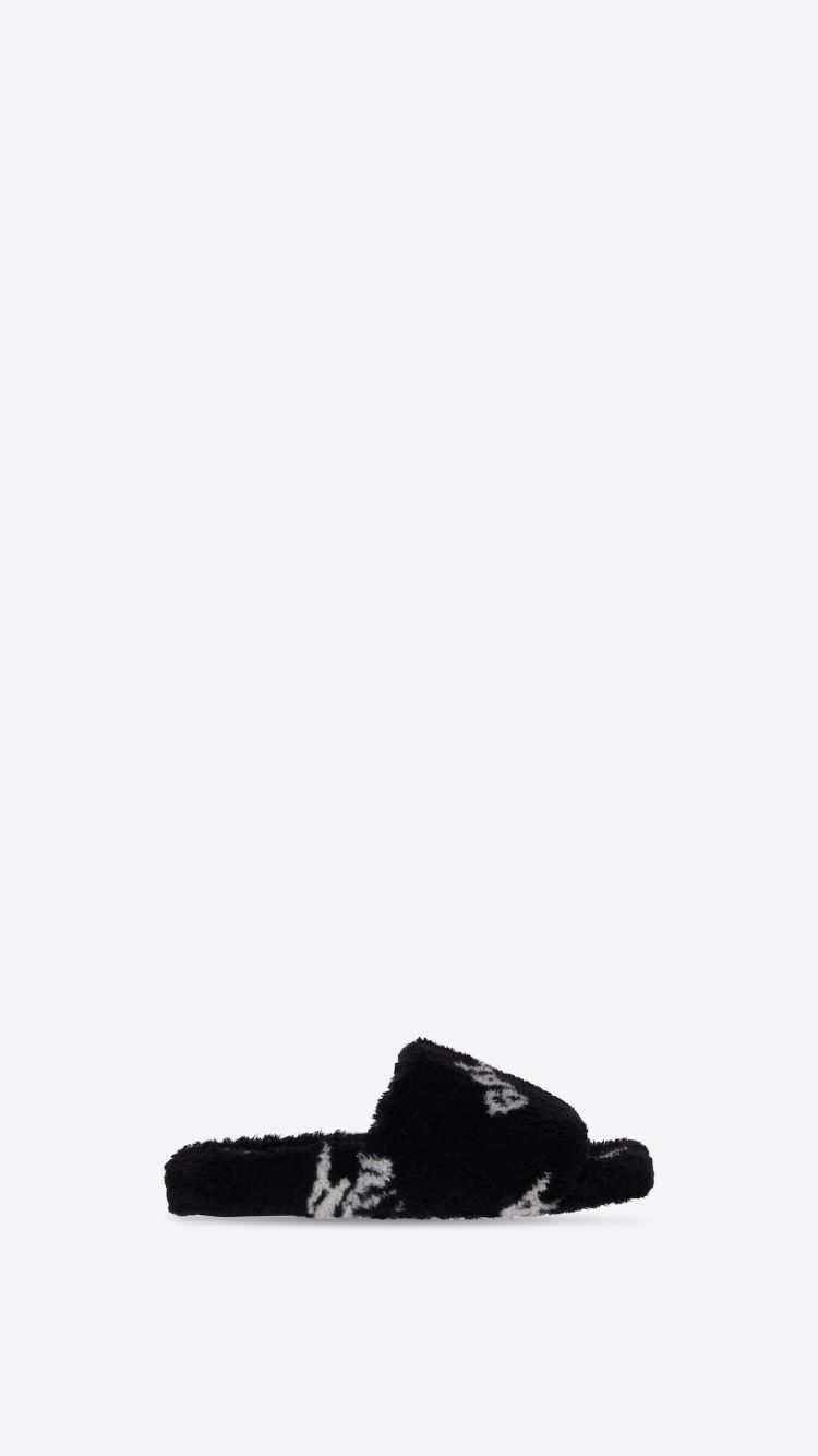 Balenciaga o1bcso1str0725 Furry Slide Sandals Allover Logo in Black Size US 6 / EU 39 - 1 Preview