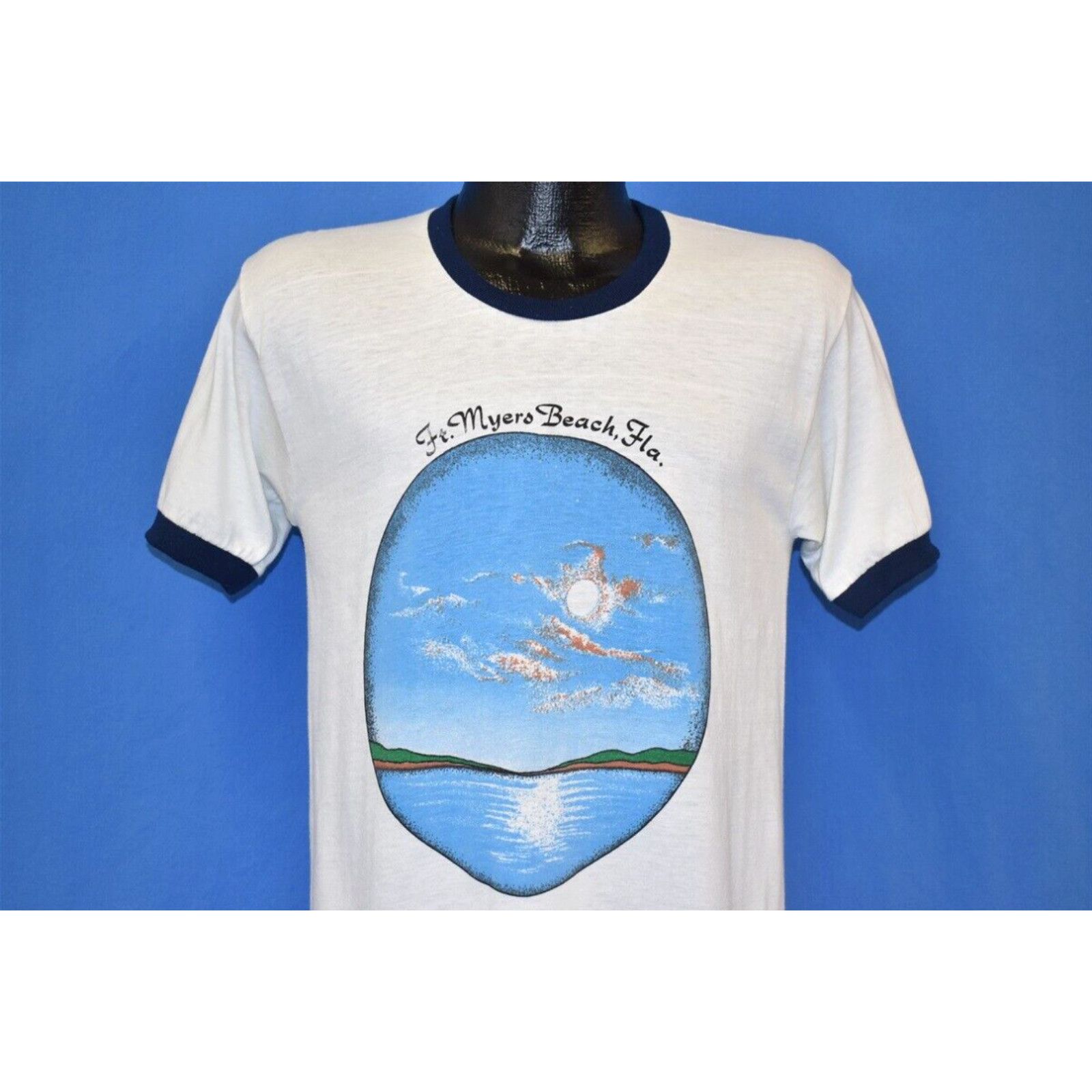 image of Vintage 70's Ft Myers Beach Florida Sunset White Ringer Tourist T-Shirt Small S, Men's