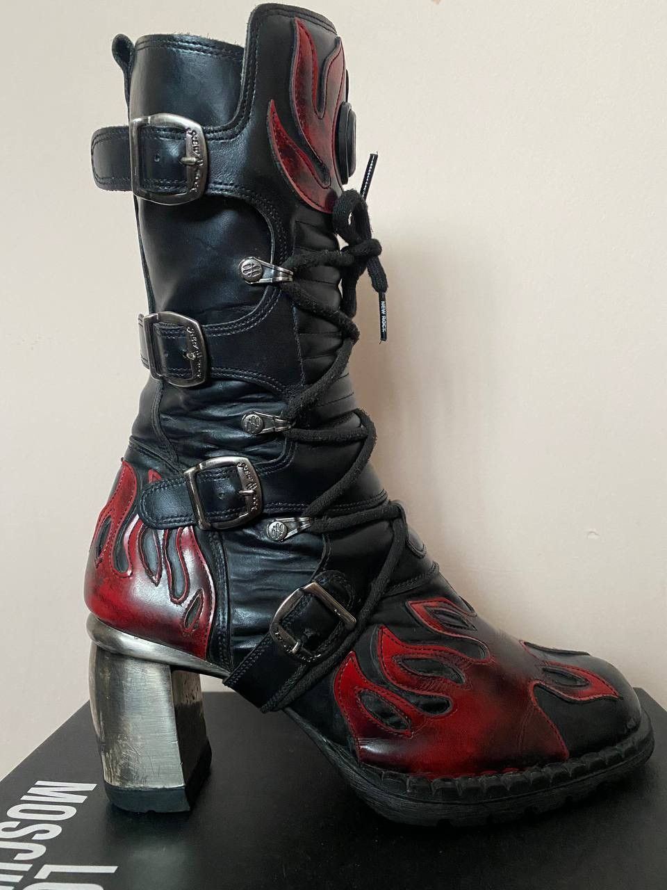 New Rock New Rock Flames Biker Heel Platform Mid Calf Boots (37 EU) Size US 7 / IT 37 - 4 Thumbnail