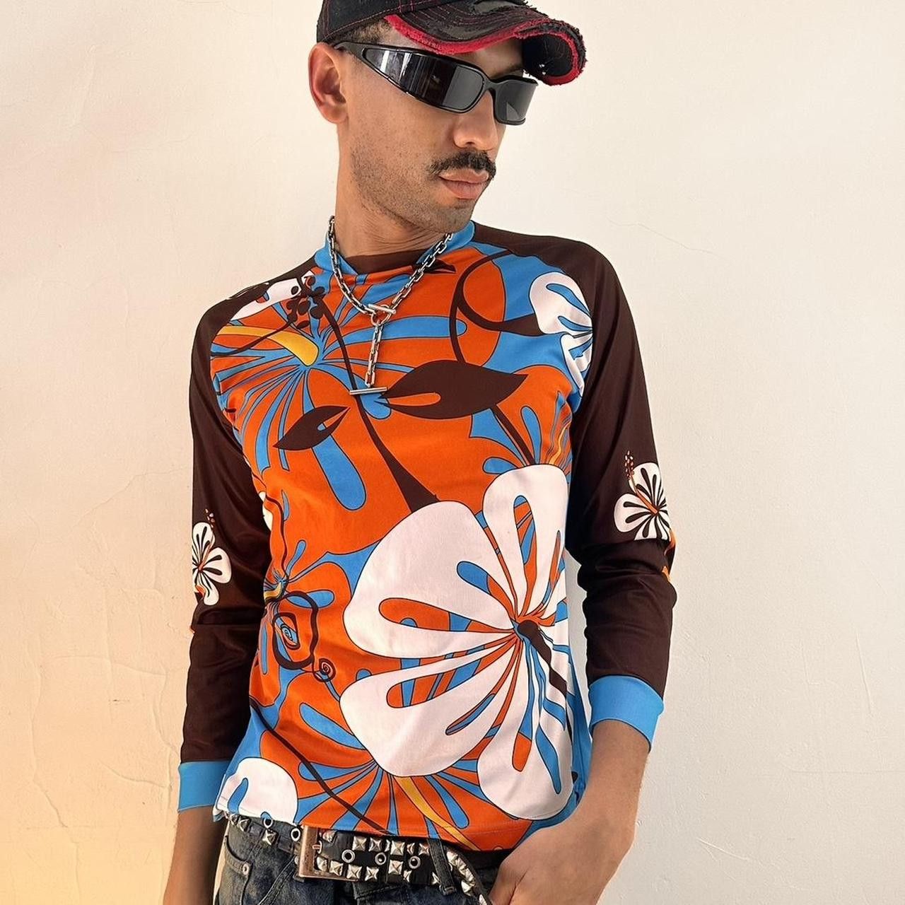 Other Vintage 70s Style Orange Hibiscus Floral Jersey - Medium Size US M / EU 48-50 / 2 - 2 Thumbnail