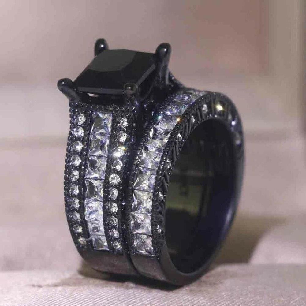 Designer 2Pcs 925 Silver Black Zircon Engagement Ring Set - Size 5 Size ONE SIZE - 3 Thumbnail