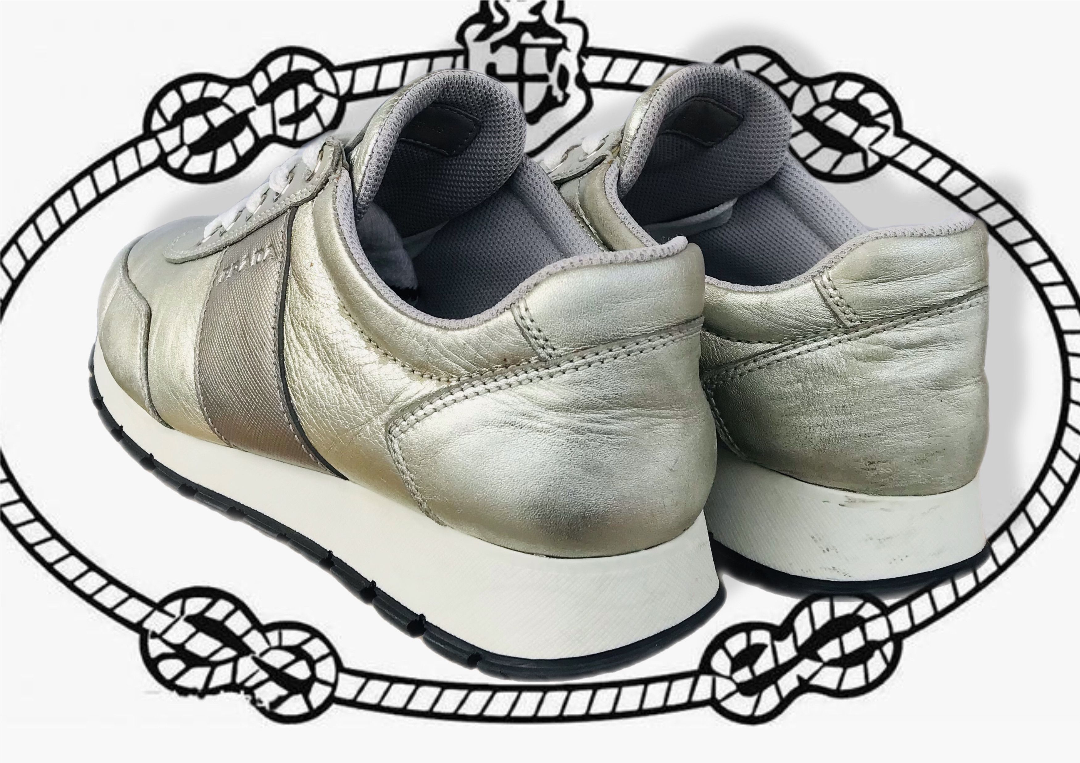 Prada Prada Milano Leather Lace-Up Sneakers Silver Women's Nappa Size US 7 / IT 37 - 3 Thumbnail
