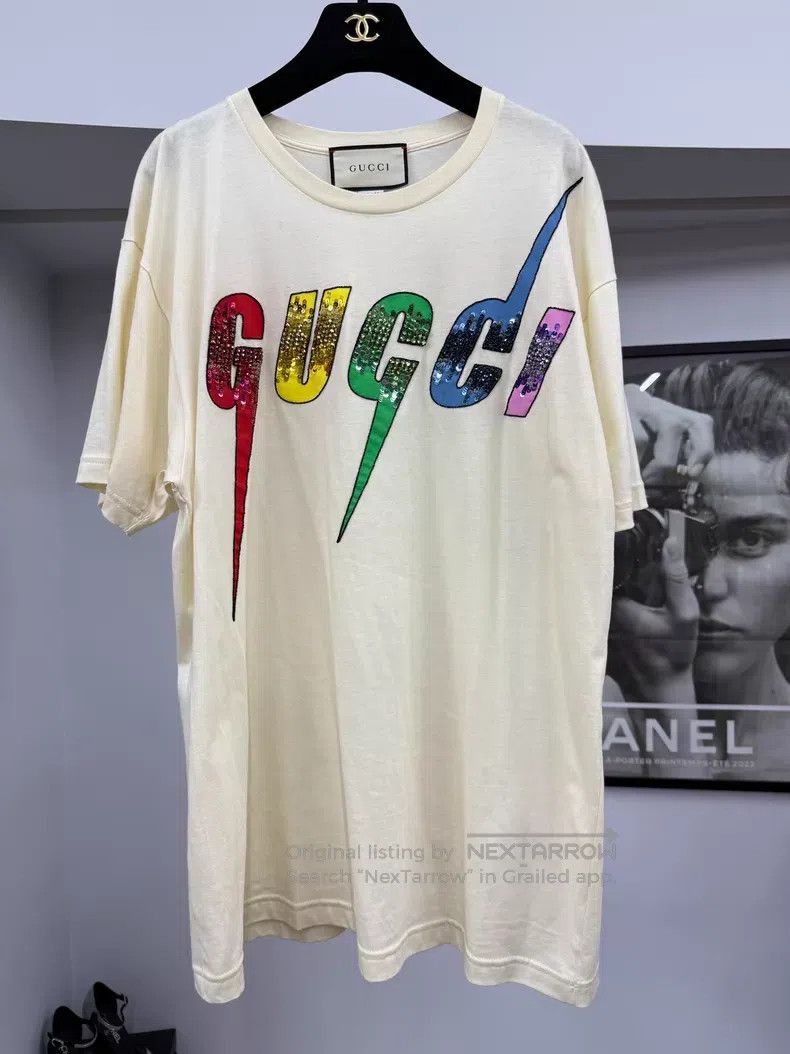 Gucci Gucci Beige letter sequin short-sleeved T-shirt Size S / US 4 / IT 40 - 1 Thumbnail