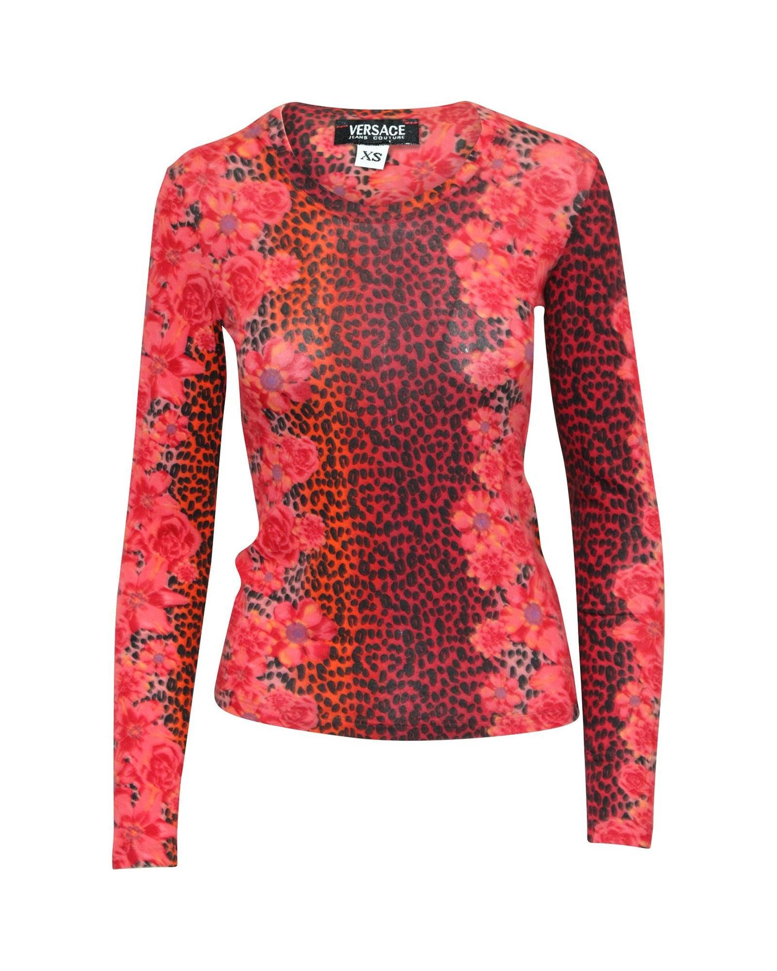 image of Versace Animal Print Long Sleeve Top In Red Cotton in Red Print, Women's (Size XS)