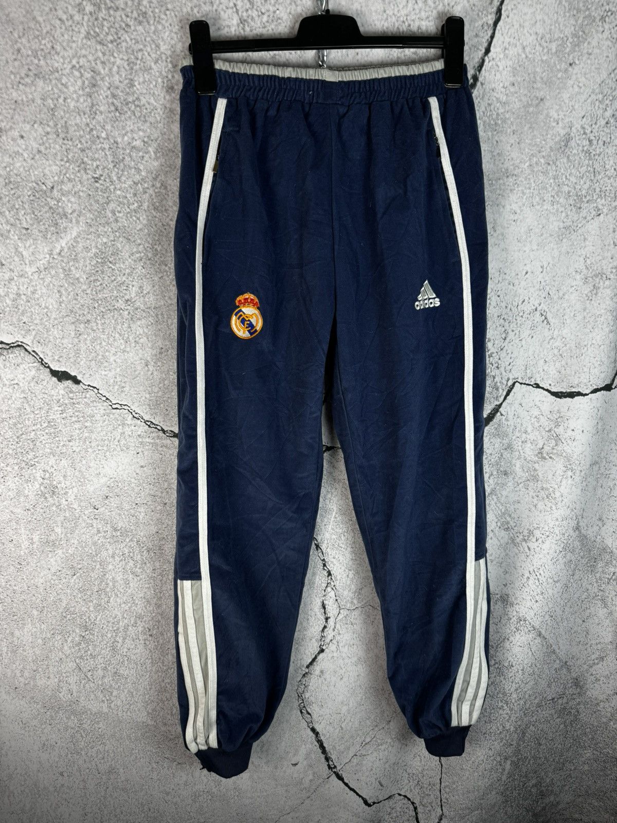 image of Vintage Adidas Real Madrid Velvet Three Stripes Drill Pants in Blue, Men's (Size 32)