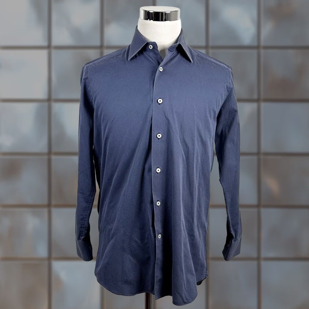 David Donahue David Donahue Dress Shirt 16.5 32/33 Blue White Polka Dot 100% Cotton Slim Knit Shirt Mens Size 46R - 1 Thumbnail