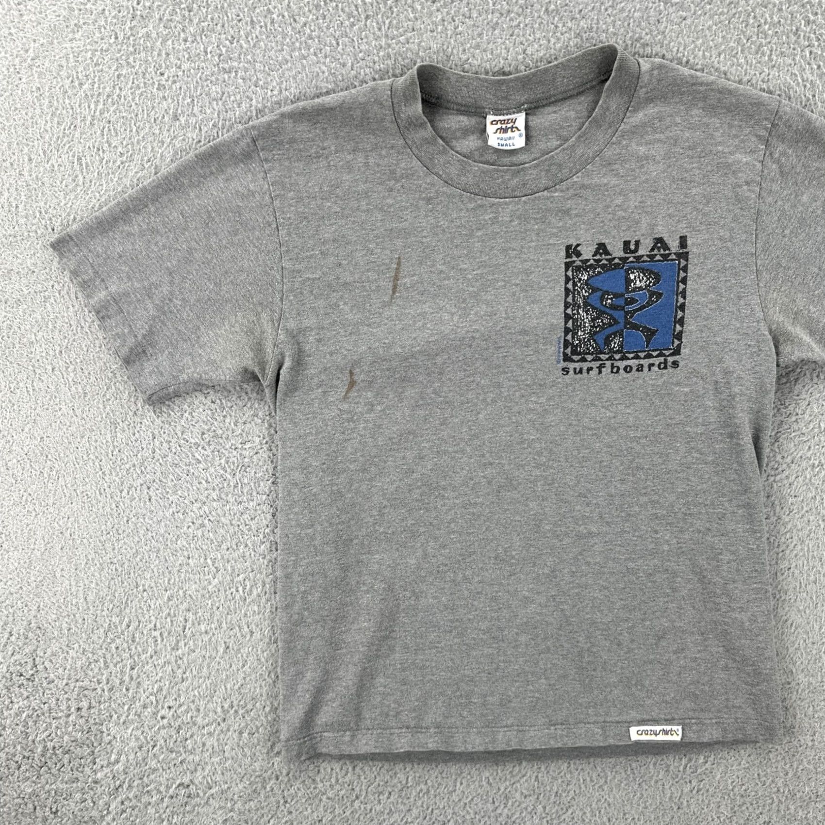 Vintage VINTAGE Crazy Shirts T-Shirt Mens S Gray Knit 100% Cotton Crew Neck Short Sleeve USA 90s Hawaiian Surfboards Stitch Boys? Size US S / EU 44-46 / 1 - 3 Thumbnail