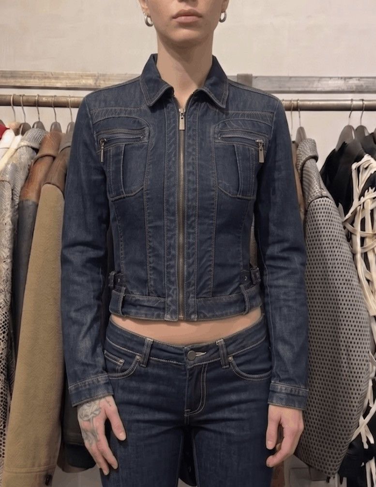 Roberto Cavalli Just Cavalli Y2K Fitted Moto Denim Jacket Size L / US 10 / IT 46 - 1 Thumbnail