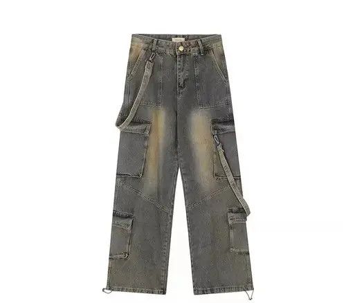 Retro yellow mud-dyed distressed multi-pocket cargo jeans