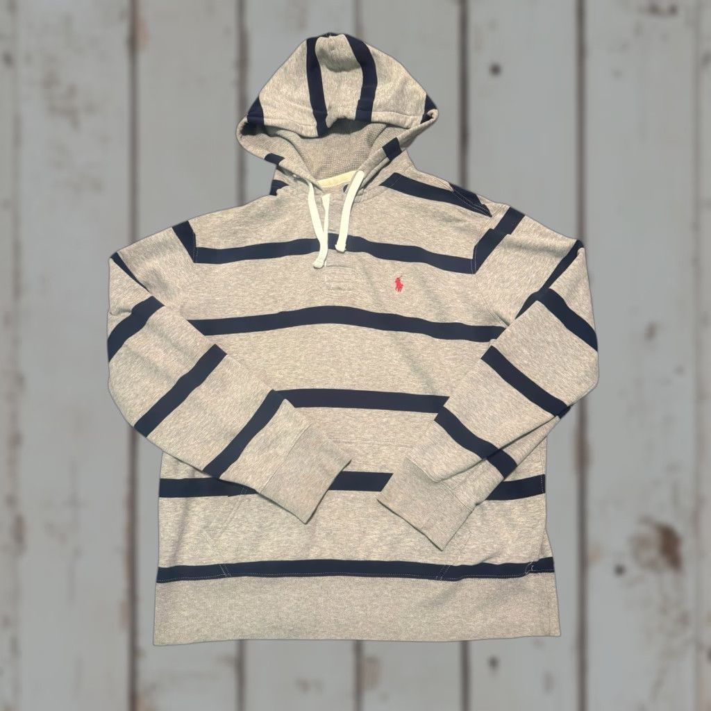 VINTAGE Polo Ralph Lauren Polo Rugby Striped Hooded Sweatshirt Size L Gray