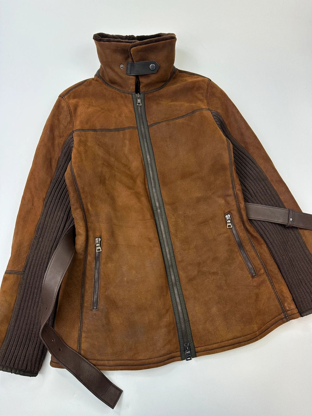 Prada Prada Sport FW01-05 Brown Leather & Wool Belted Coat Size L / US 10 / IT 46 - 6 Thumbnail
