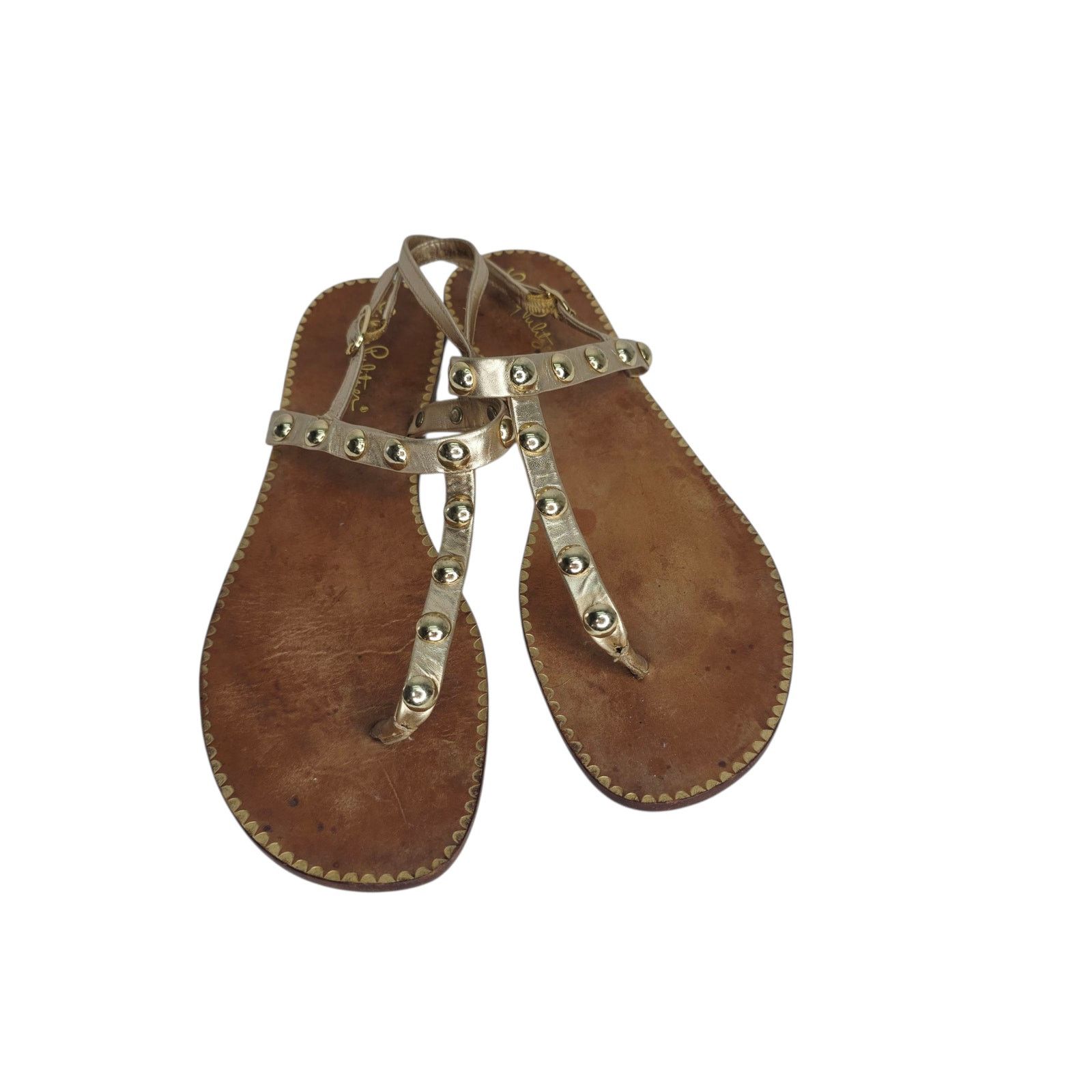 Lilly Pulitzer Lilly Pulitzer Gold Leather Studded Open Toe Strappy Sandal Size US 9 / IT 39 - 1 Thumbnail