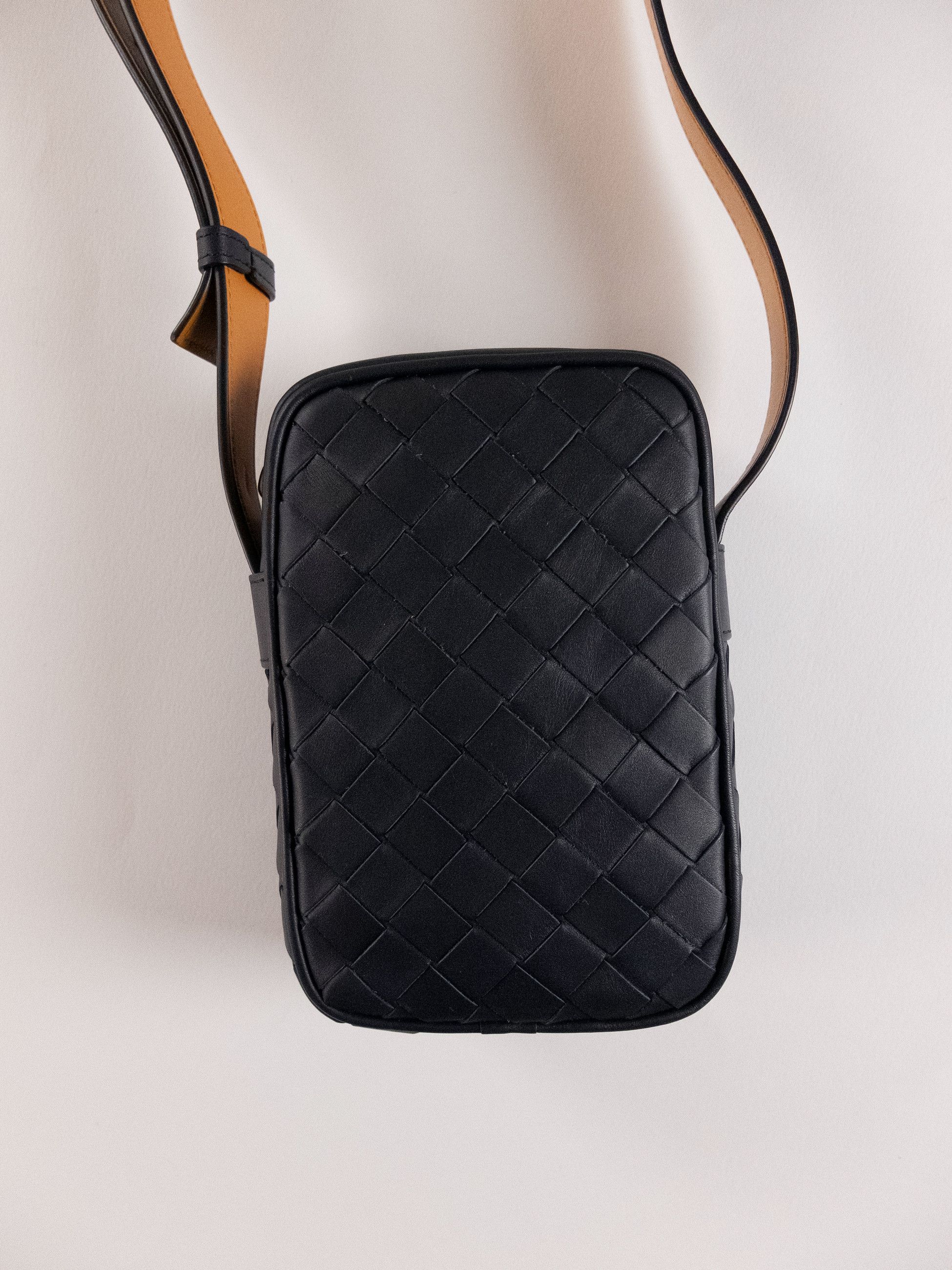 Bottega Veneta Dark Blue Woven Leather Crossbody Mini Bag, Men's