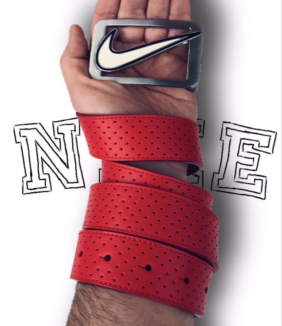 Nike Vintage Y2K Nike Swoosh Belt Buckle & Bill Adler Red Leather Size 46 - 2 Thumbnail