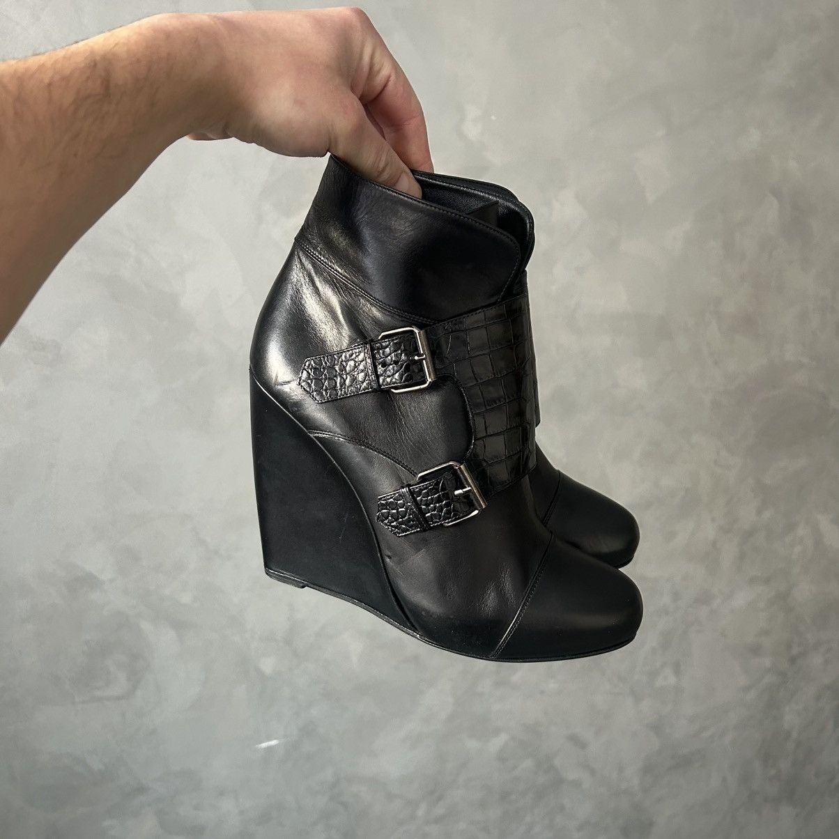 Sacai Sacai Black Buckle Leather Wedge Boots Size US 11 / IT 41 - 2 Thumbnail