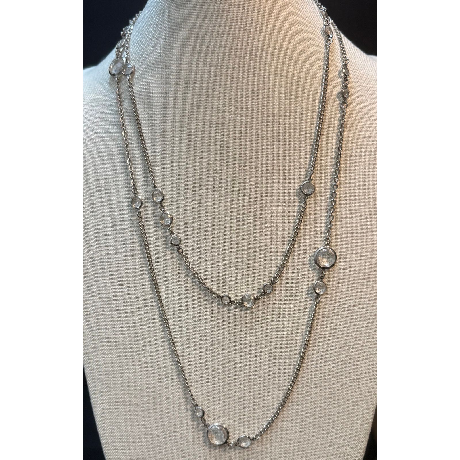 Other Vintage Silver Tone Necklace Faceted Faux Crystal 28” Size ONE SIZE - 2 Thumbnail