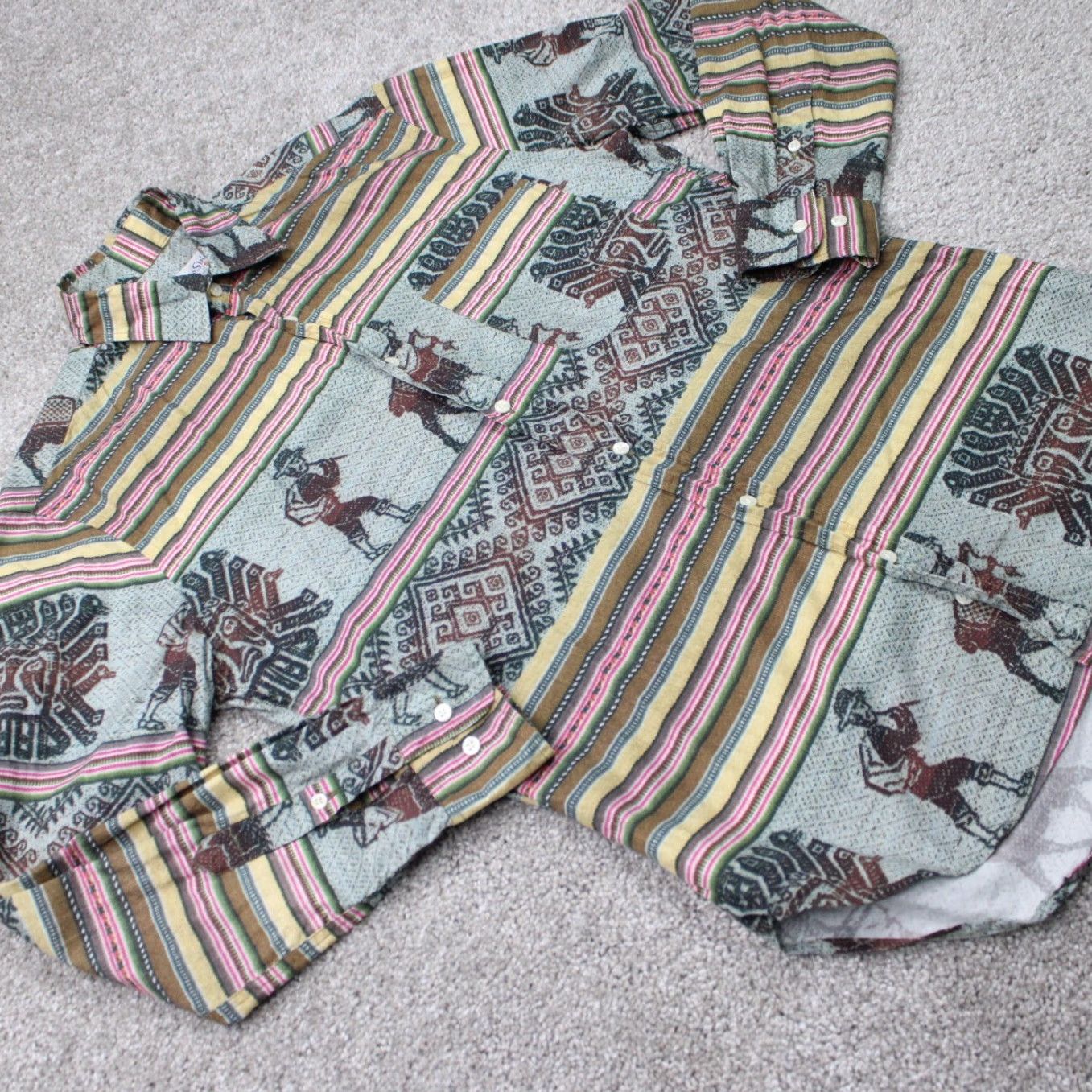 Vintage VTG Gitman Santiago Shirt Mens Small Green/Pink/Yellow Southwestern S/S Button Up Shirt Size US S / EU 44-46 / 1 - 7 Thumbnail
