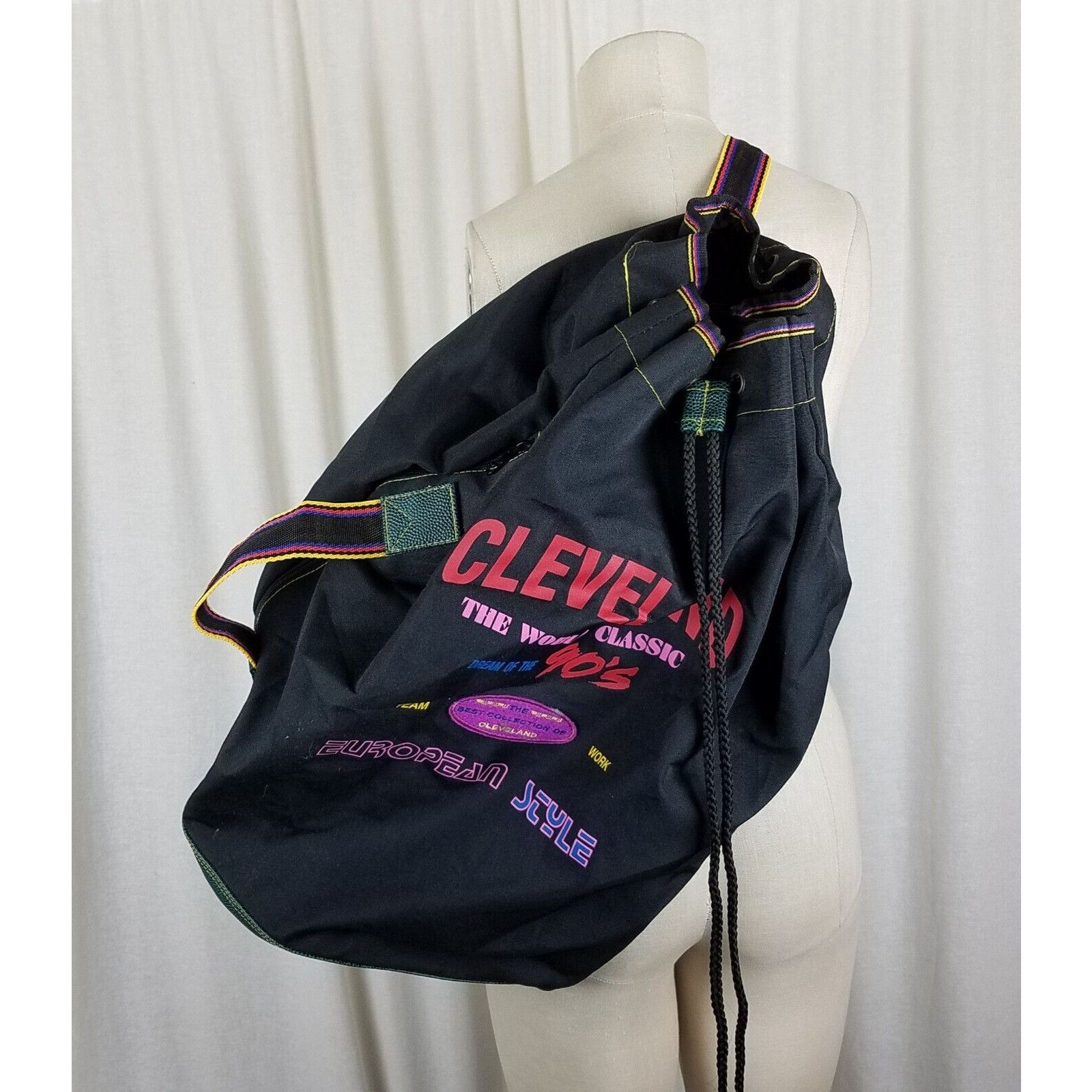 image of Vintage VTG European Style Cleveland Drawstring Sling Backpack 90's in Black, Women's