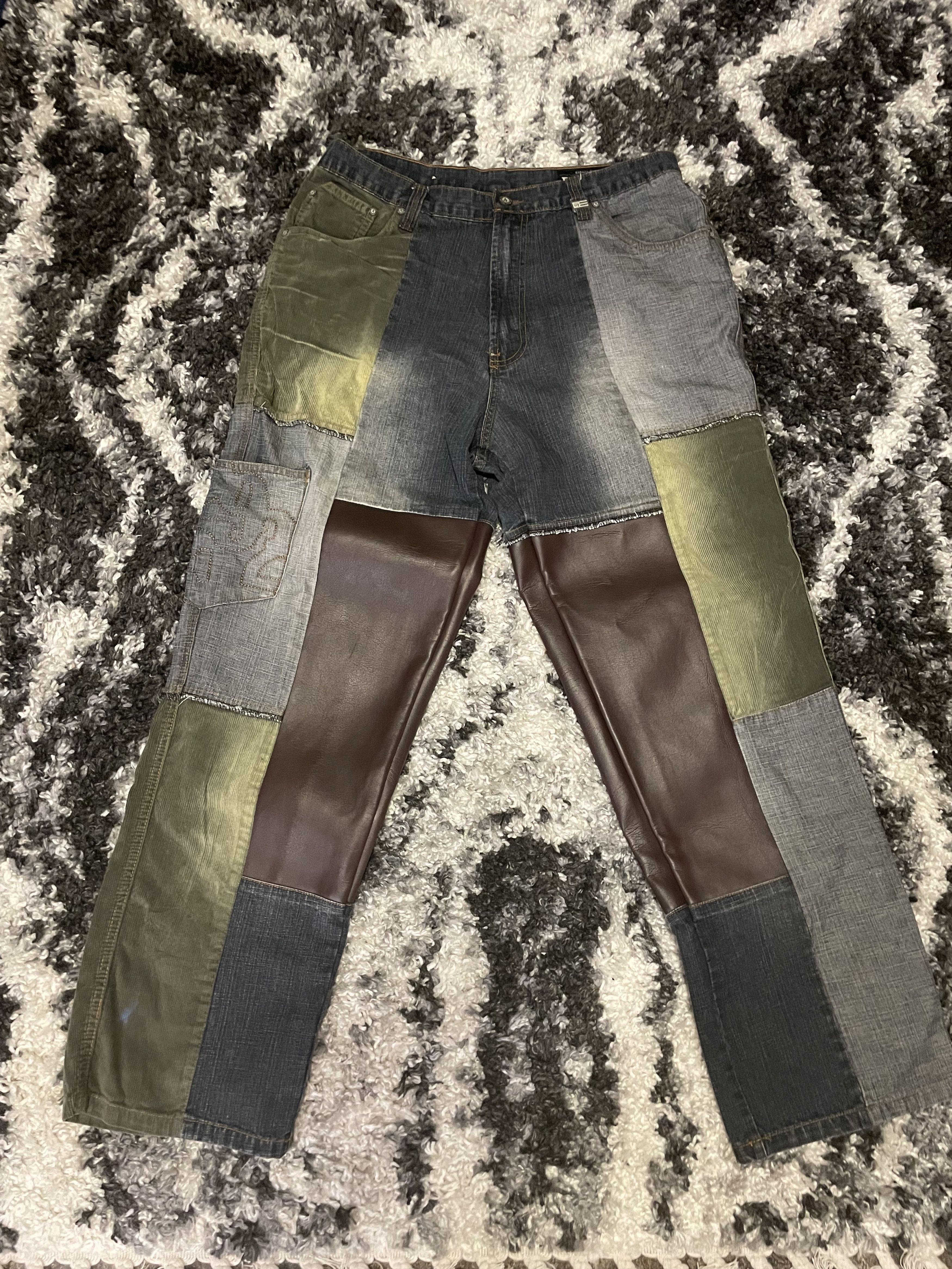 Phat Farm Patchwork Jeans W36 Leather Y2K Streetwear