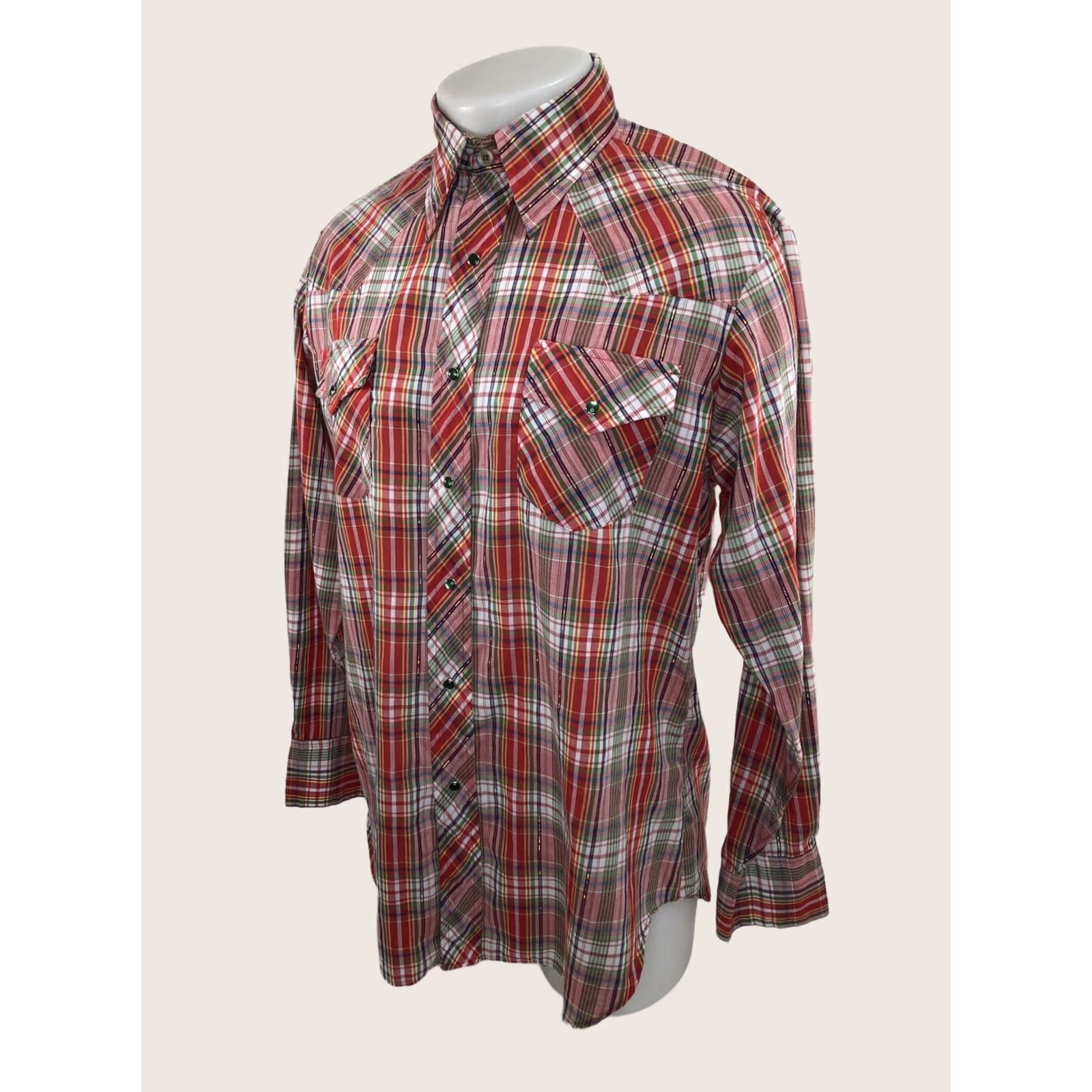 Sears SEARS Western Wear Plaid WHITE / RED / GOLD / BLUE / GREEN SNAP Shirt Mens L Vintage GOLD THREAD 16 Shirt Size US L / EU 52-54 / 3 - 1 Thumbnail