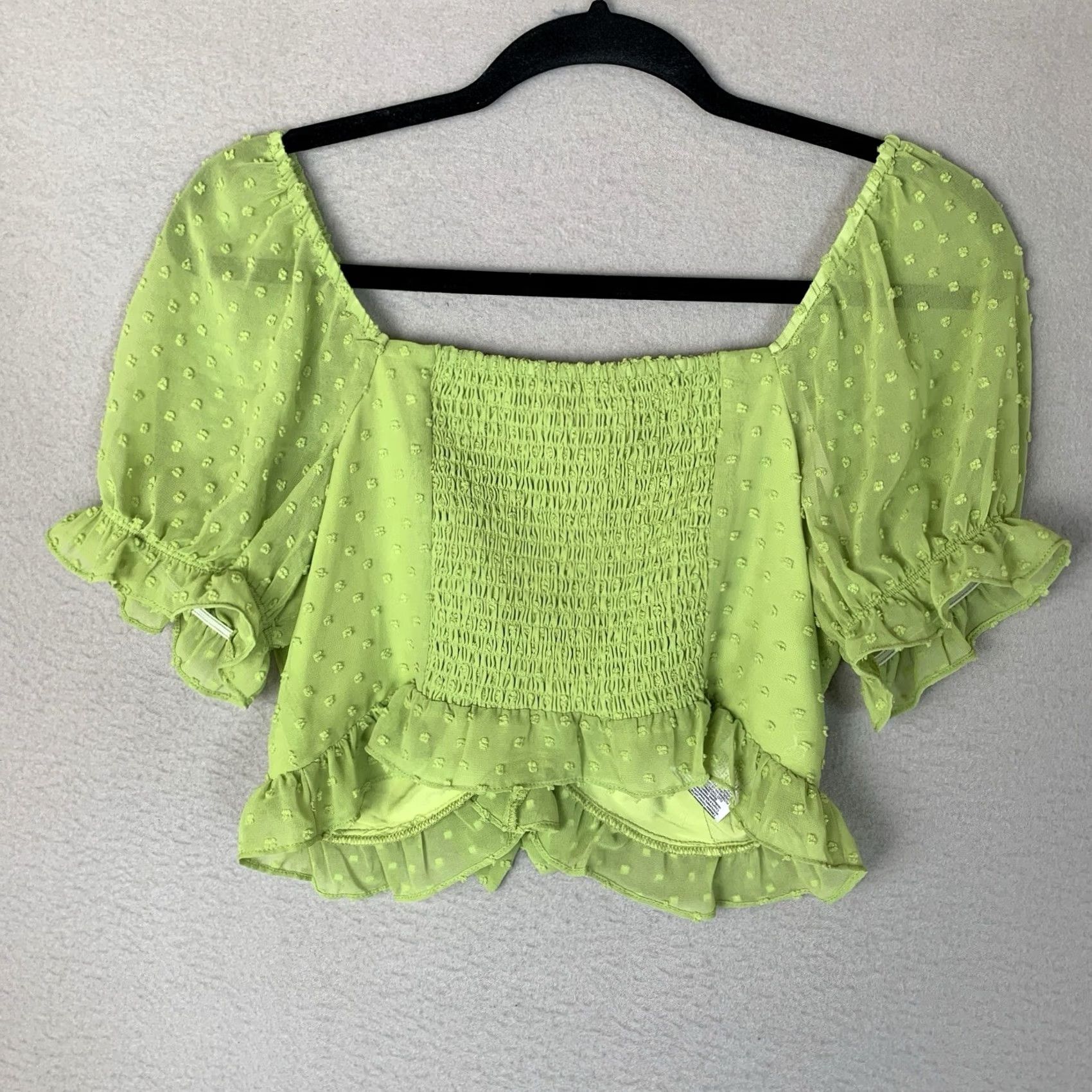 BCBGeneration BCBGeneration Top Women XS Green Cropped Puff Sleeve V-Neck Sheer Tie Y2K Fairy Coquette Blouse Size XS / US 0-2 / IT 36-38 - 3 Thumbnail