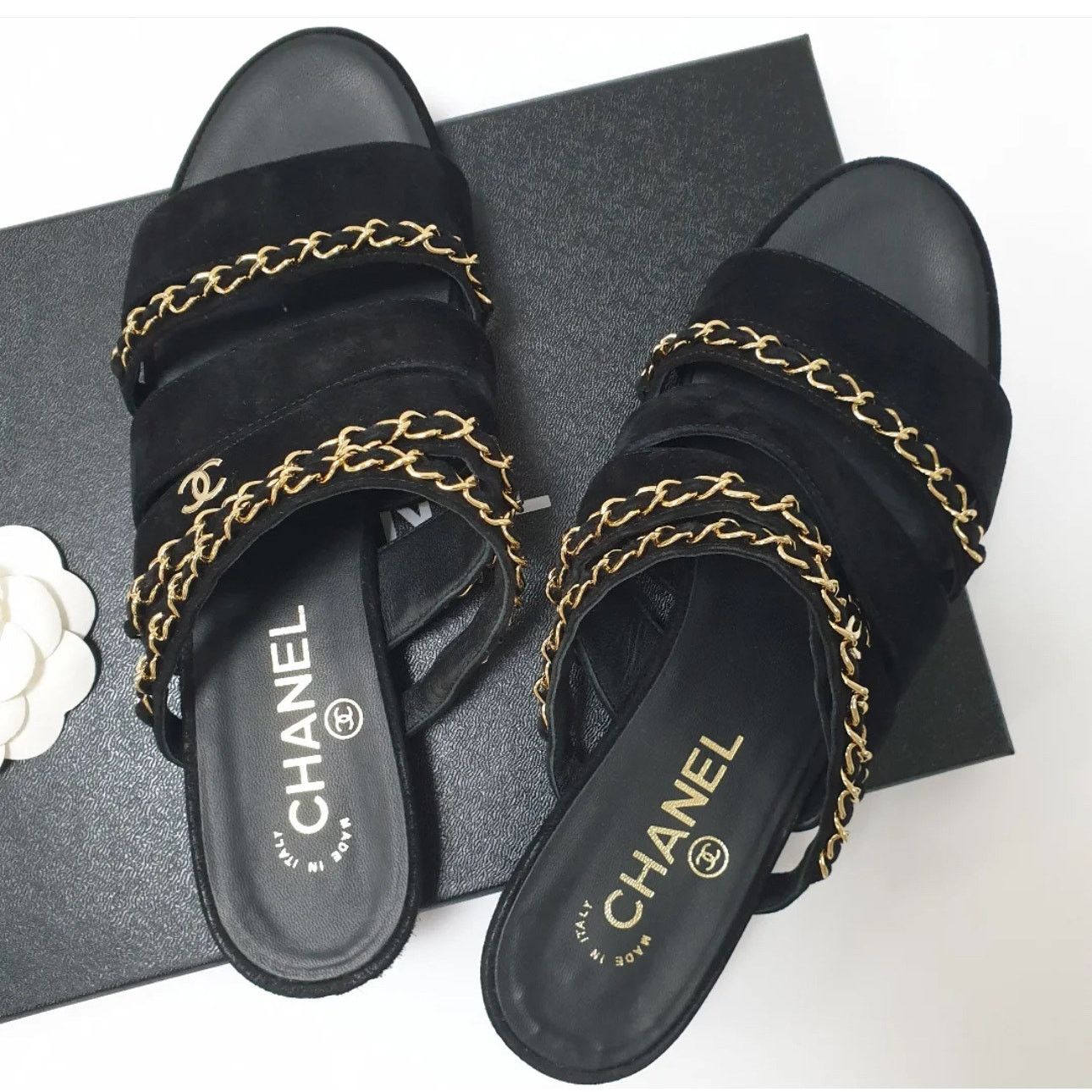 Chanel Chanel Black Suede Chain Open Toe Flat Sandals Sz.38 Size US 7 / IT 37 - 2 Thumbnail