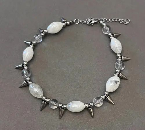 Jewelry White Beaded Spike Spiked Choker Necklace, Punk Jewelry Size ONE SIZE - 3 Thumbnail