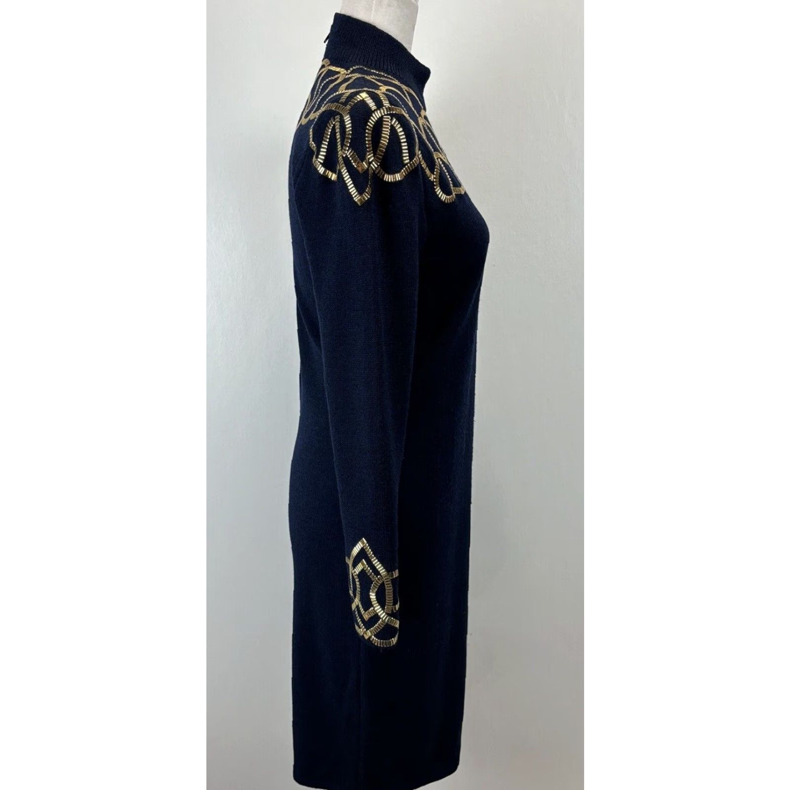 St. John Vintage St. John Collection Marie Gray Knit Dress Women Small Knee Length Long Sleeve Zip Mock Neck Studded Navy Gold 1980s Rare Size S / US 4 / IT 40 - 4 Thumbnail