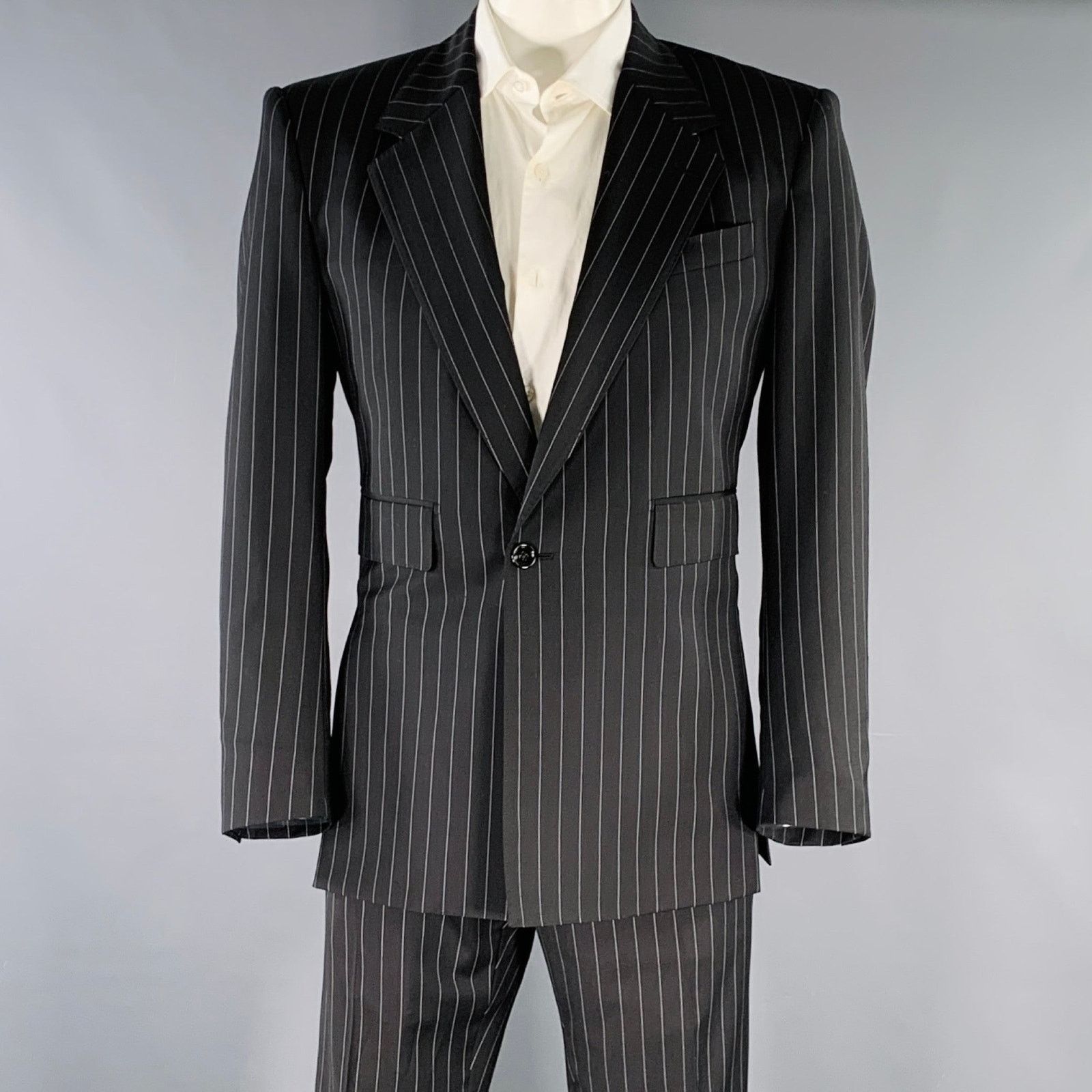 Dolce & Gabbana DOLCE & GABBANA Black Grey Pinstripe Polyester Blend Suit Size 42R - 1 Thumbnail