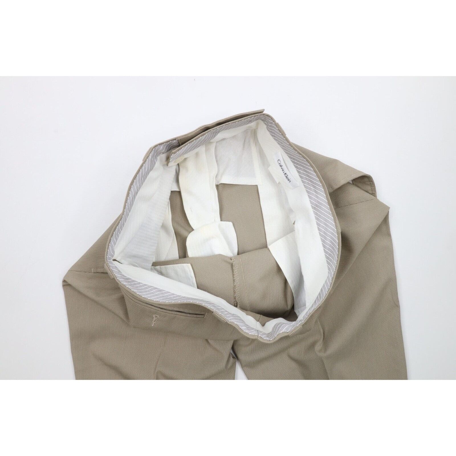 Calvin Klein Calvin Klein Pinstripe 2 Piece Suit Wedding Khaki Tan Size 36S - 19 Thumbnail