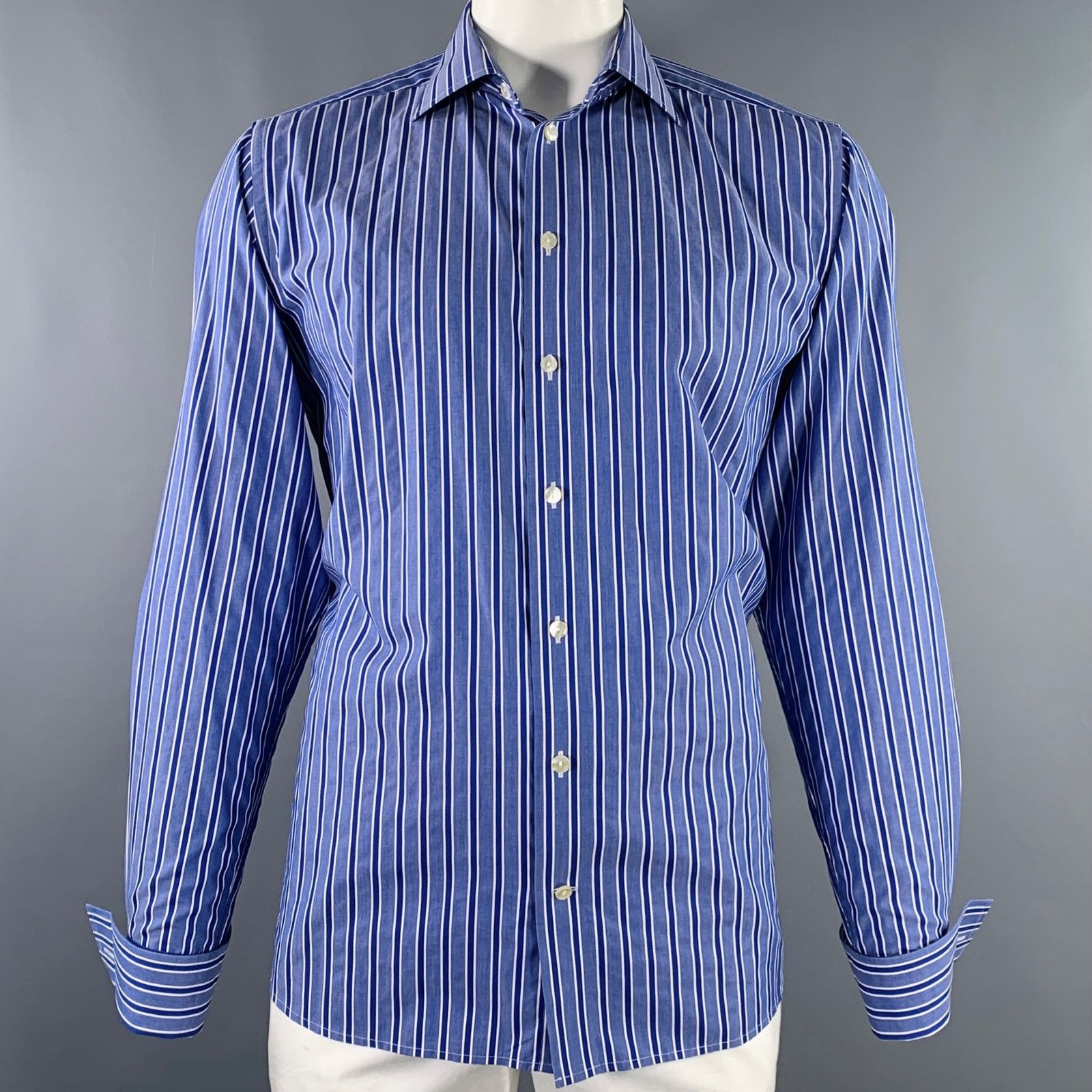Eton Blue White Stripe Cotton Curved Cutaway Long Sleeve Shirt Size US L / EU 52-54 / 3 - 1 Thumbnail