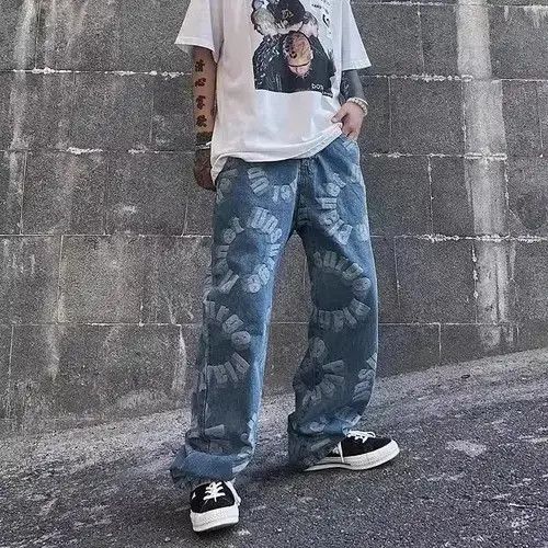 VIBE Men's Print Straight Leg Baggy Jeans Harajuku Fashion Size US 34 / EU 50 - 2 Thumbnail