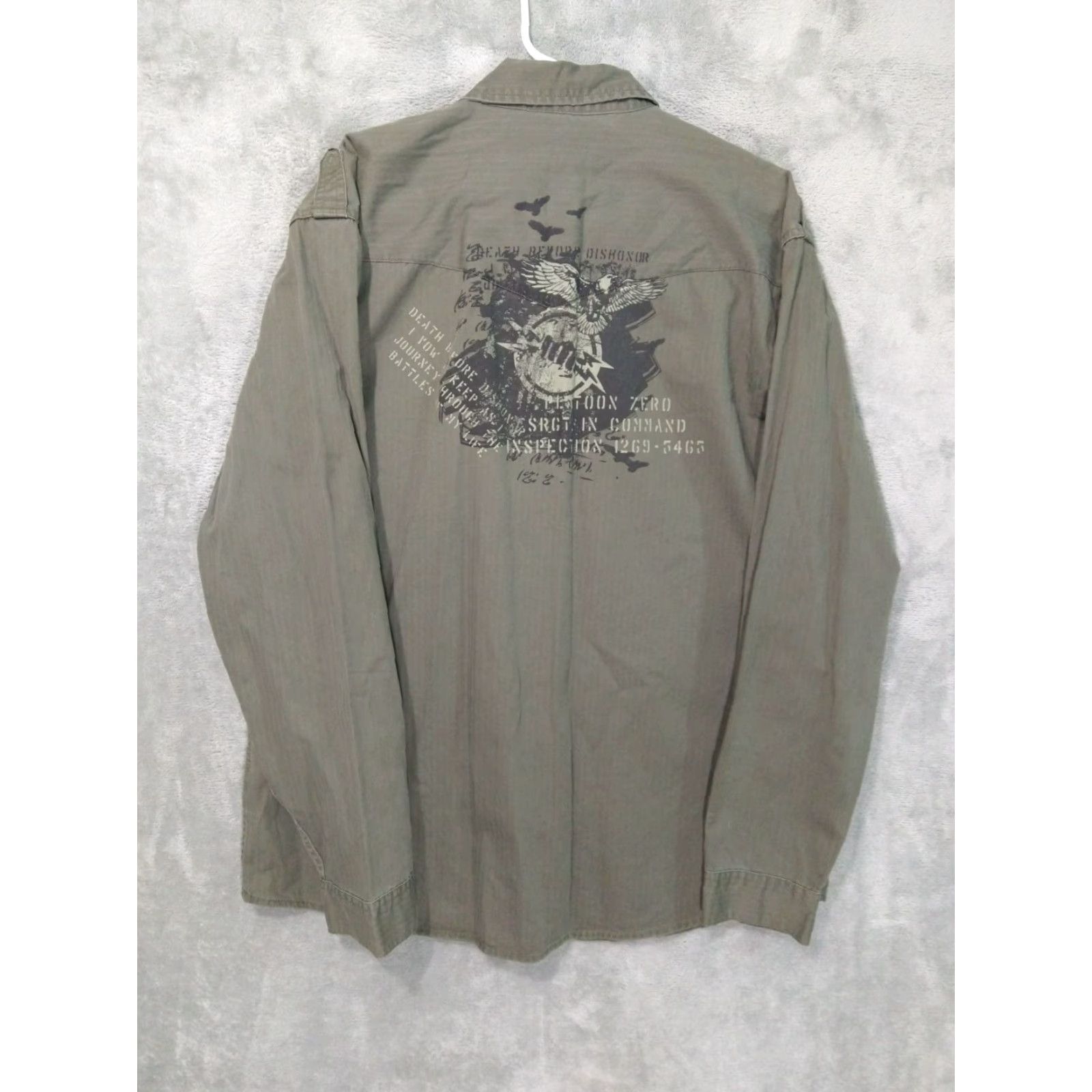 Point Zero VINTAGE Point Zero Shirt Mens XL Green Army Graphic Button Up Long Sleeve Cotton Size US XL / EU 56 / 4 - 2 Thumbnail