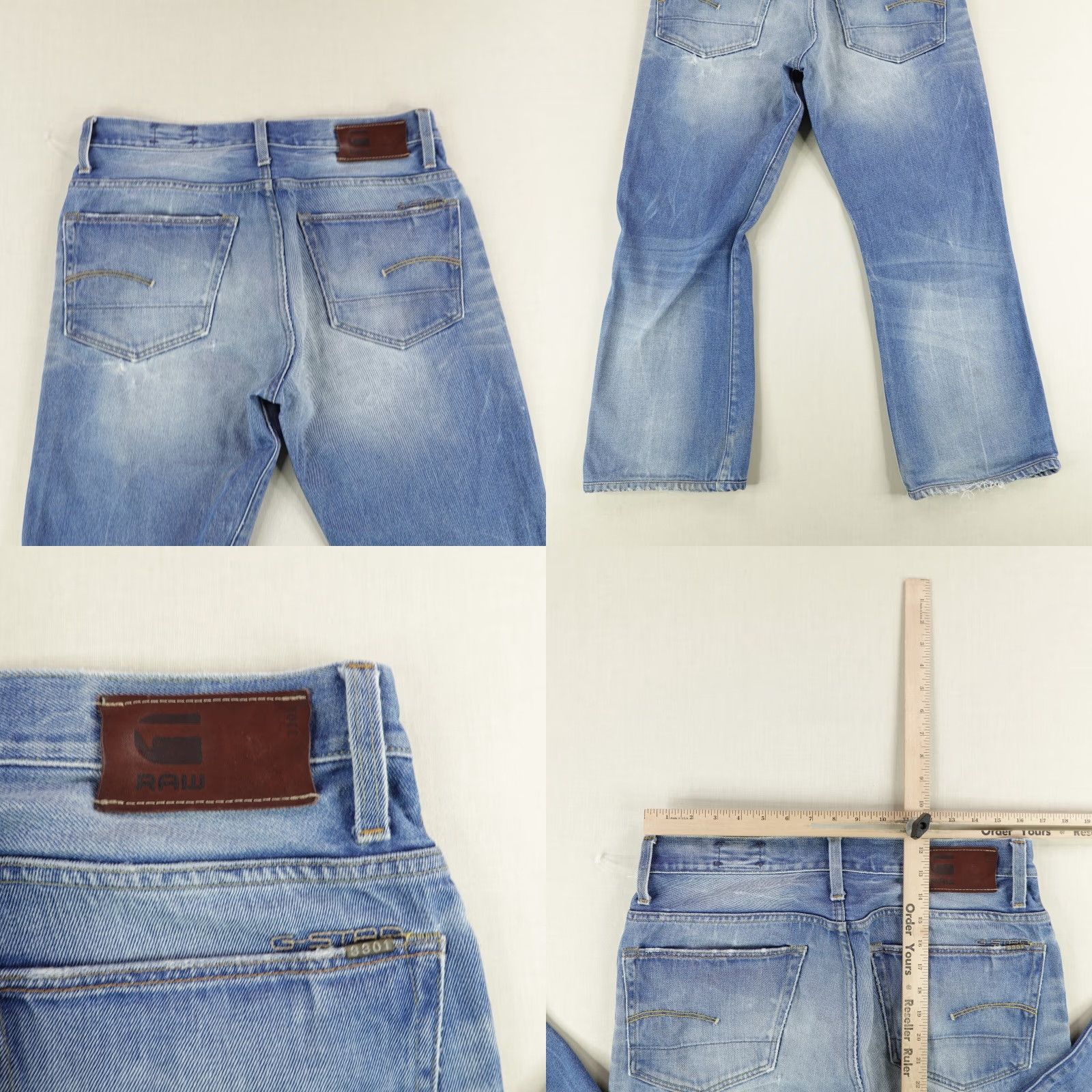 G-Star G-Star 3301 Jeans - Denim Bootcut Distressed Button Fly - Mens 34x26 Blue Denim Size US 33 - 8 Thumbnail