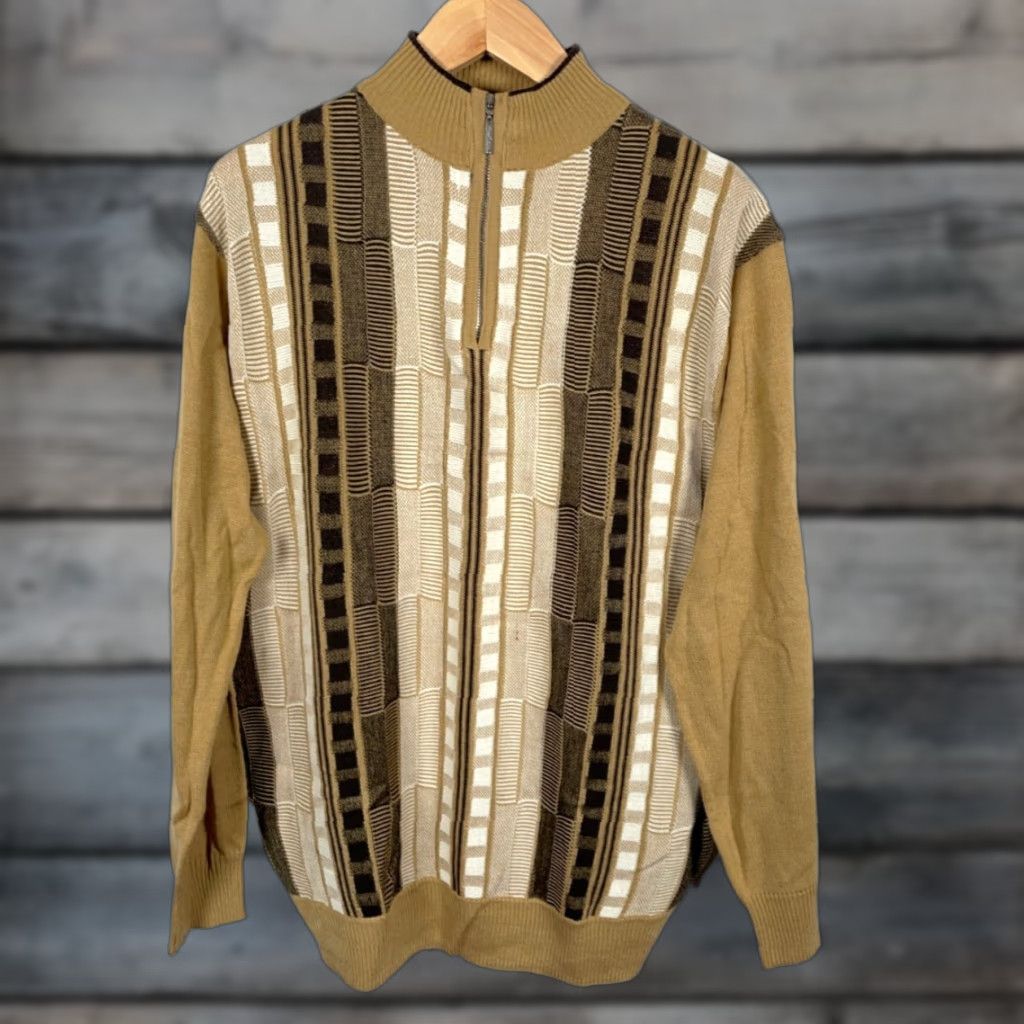 Vintage VINTAGE? No—rearranged: Steve Harvey Sweater Men’s Large Brown 1/4 Zip Geometric Knit Pullover Casual Dad Style 90s Retro Size US L / EU 52-54 / 3 - 1 Thumbnail