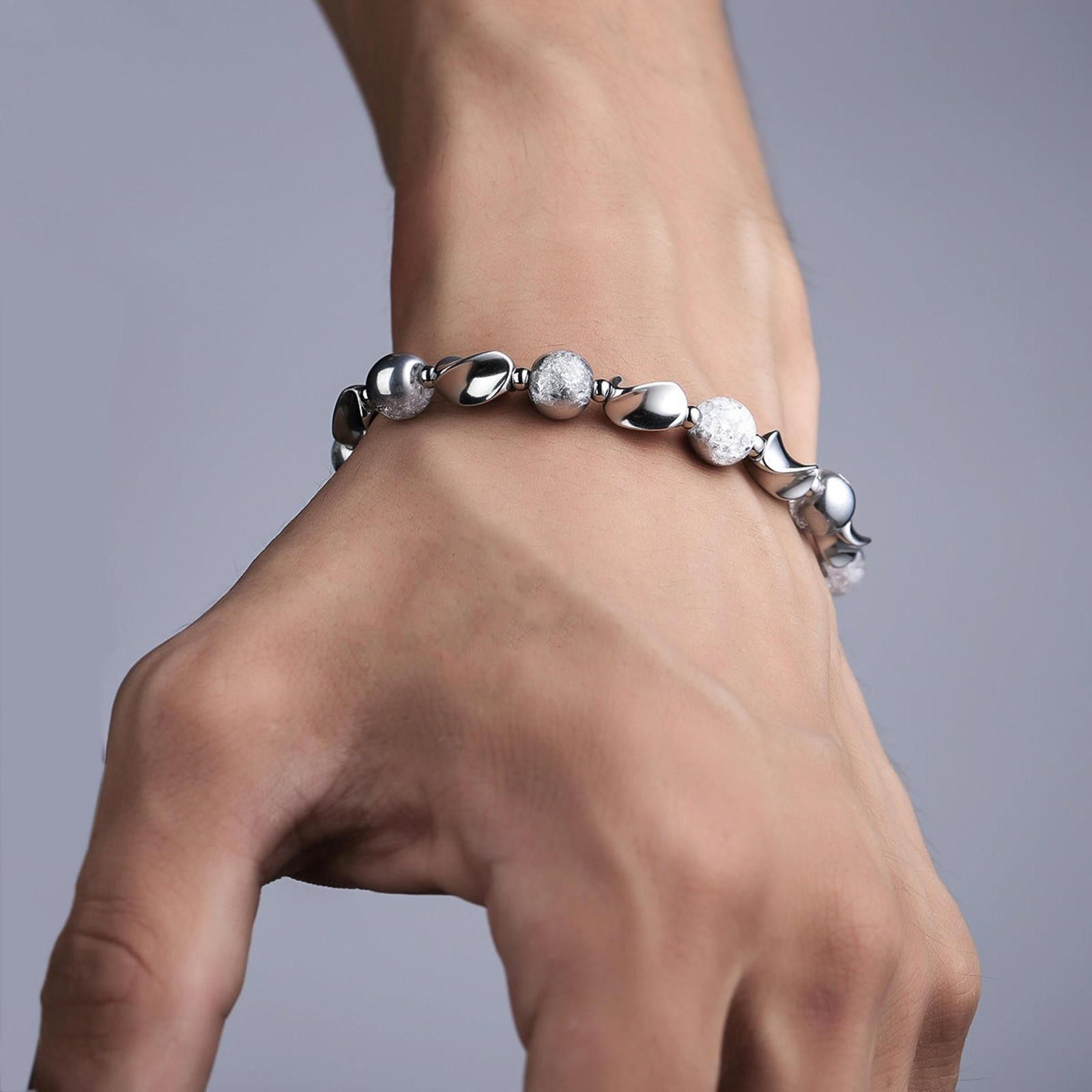 Jewelry Silver and White Beaded Men's Bracelet Size ONE SIZE - 1 Thumbnail