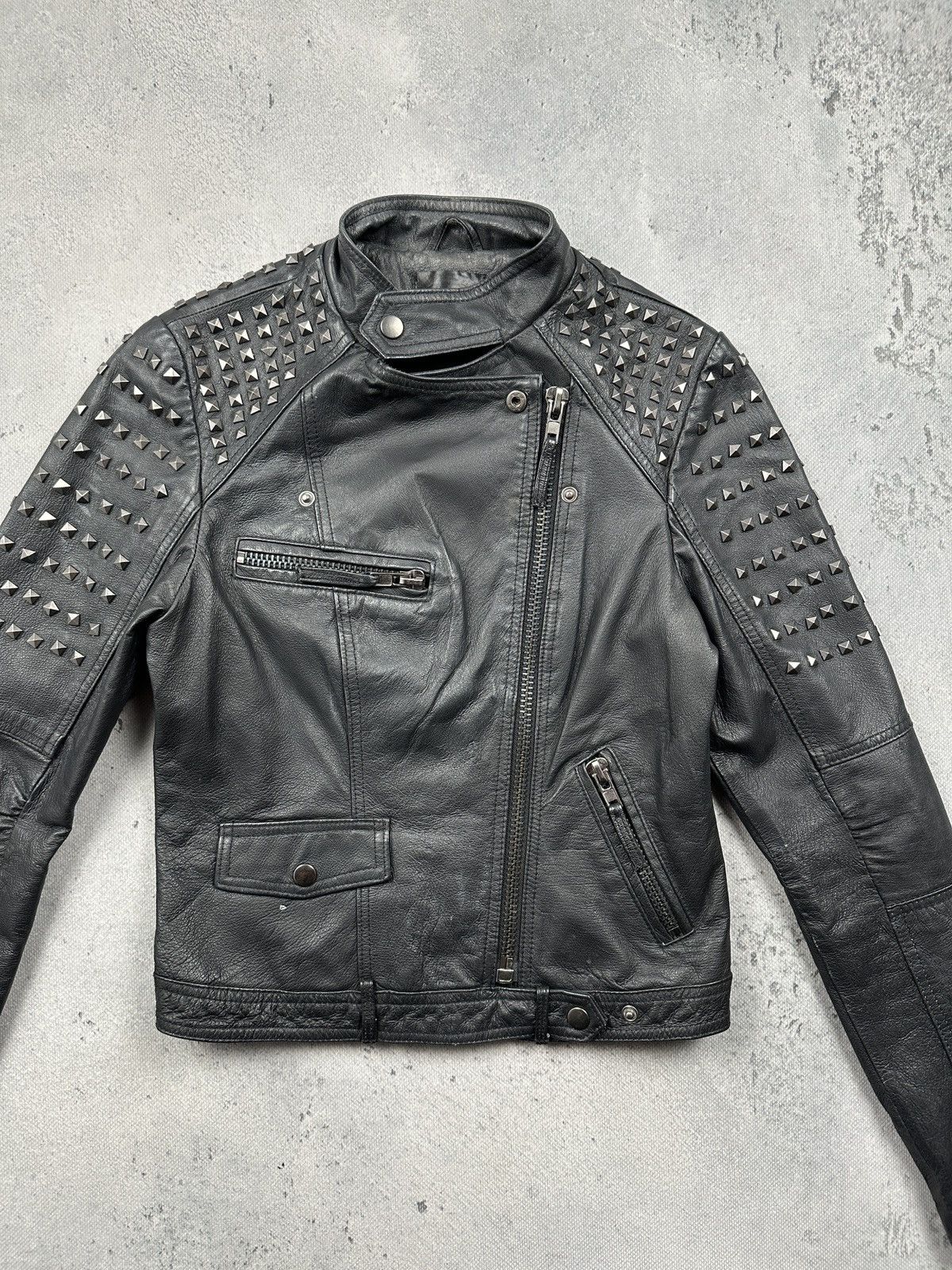 Genuine Leather Never Denim Studded Leather Biker Jacket Black Punk Moto Y2K Size S / US 4 / IT 40 - 2 Thumbnail