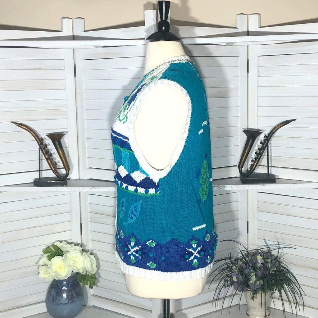 Vintage 90s granny's vest cotton knitted teal blue ocean theme XL Size XL / US 12-14 / IT 48-50 - 4 Thumbnail