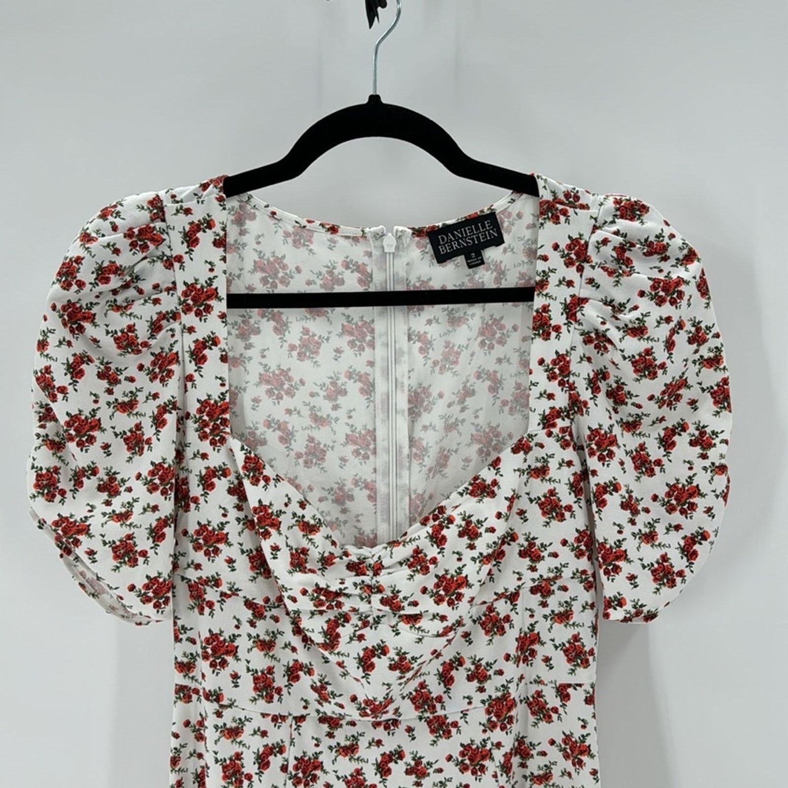 Other Danielle Bernstein White red Floral Midi Dress Puff Sleeve Size XS / US 0-2 / IT 36-38 - 3 Thumbnail