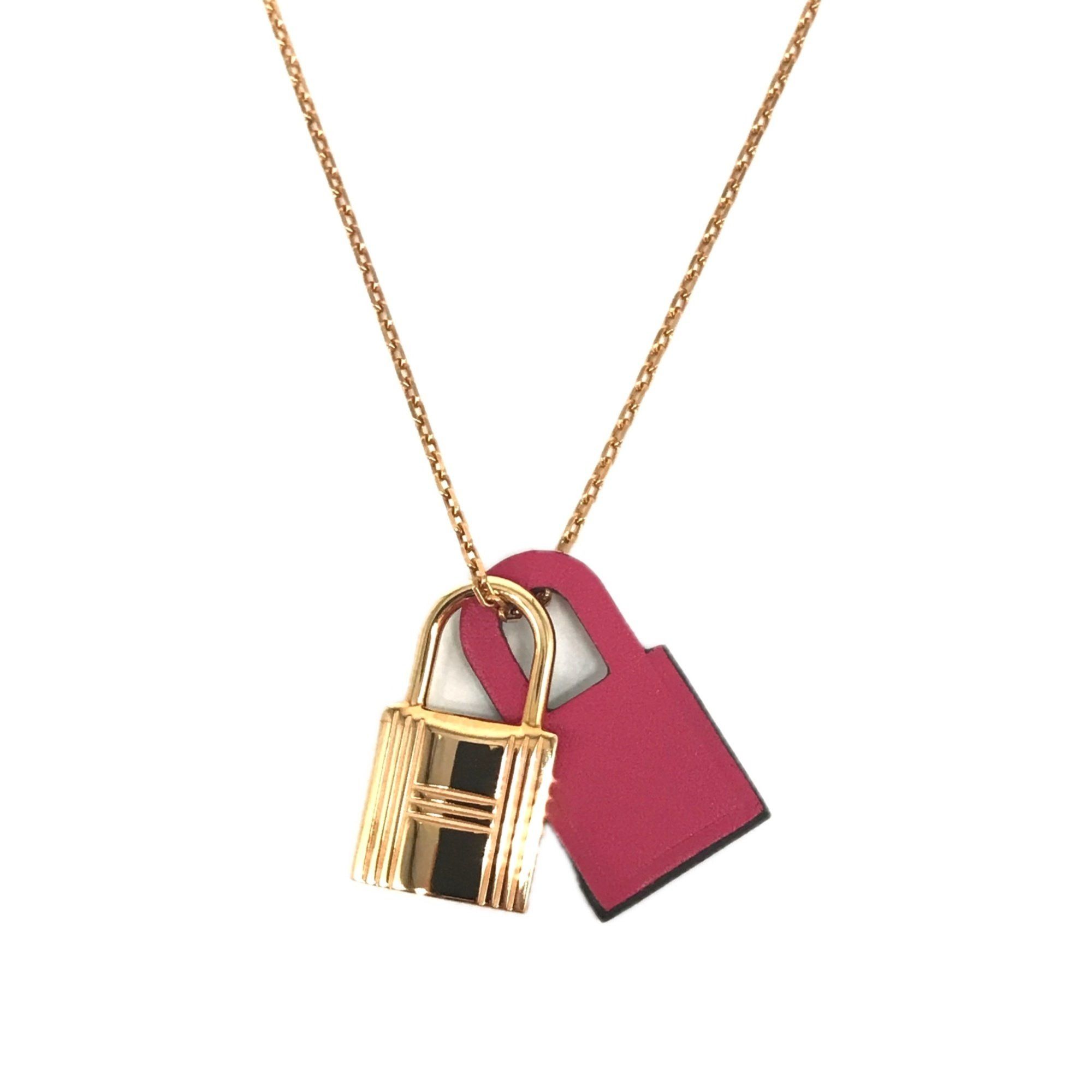 Hermes O'Kelly PM Necklace Padlock Pendant Pink Gold Leather 2020