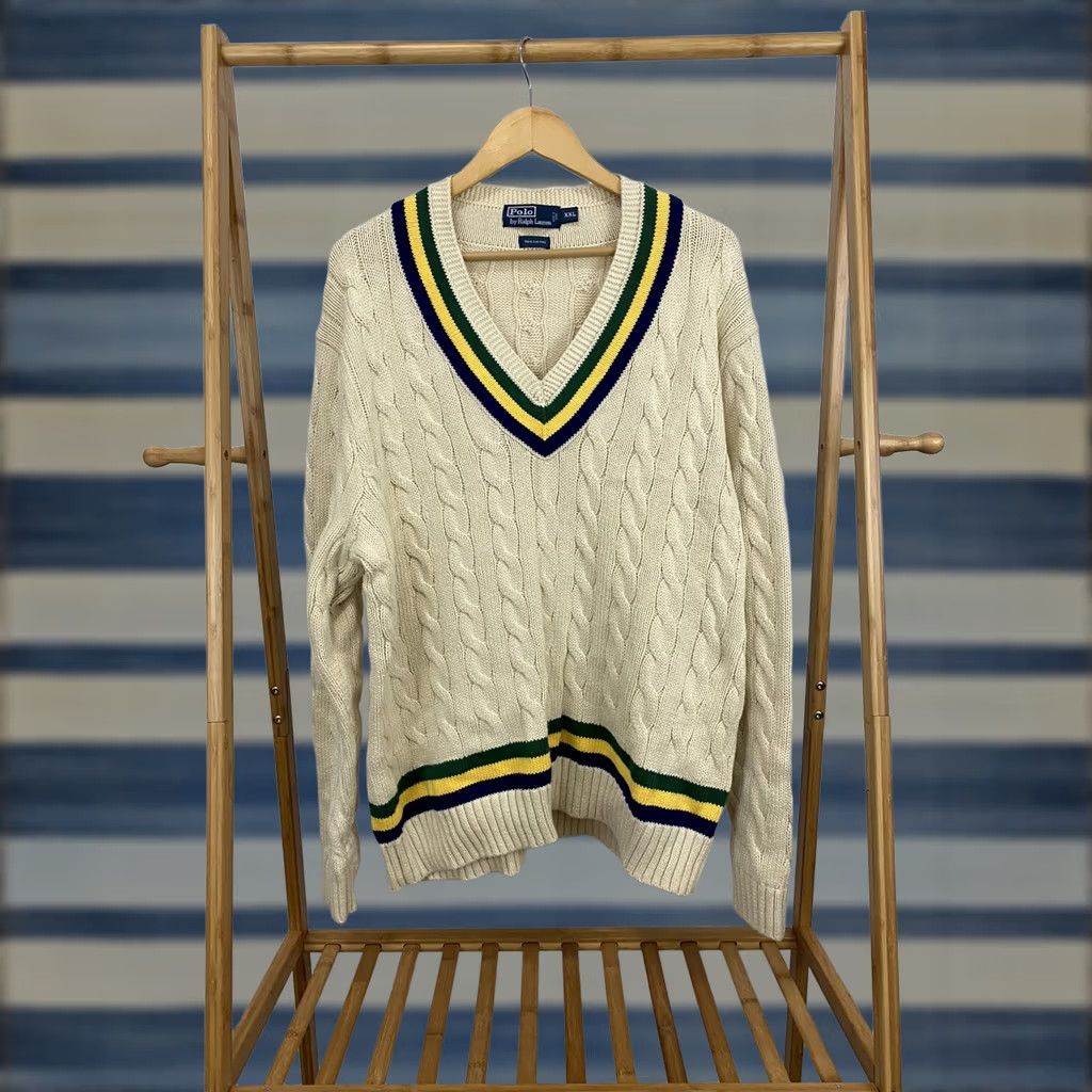 Polo Ralph Lauren VTG Polo Ralph Lauren Varsity Cricket Striped Knit V-Neck Sweater XXL Men Polo Ralph Lauren Shirt Sweater Mens Knit Pullover Striped Cream Varsity 90s Size US XXL / EU 58 / 5 - 1 Thumbnail