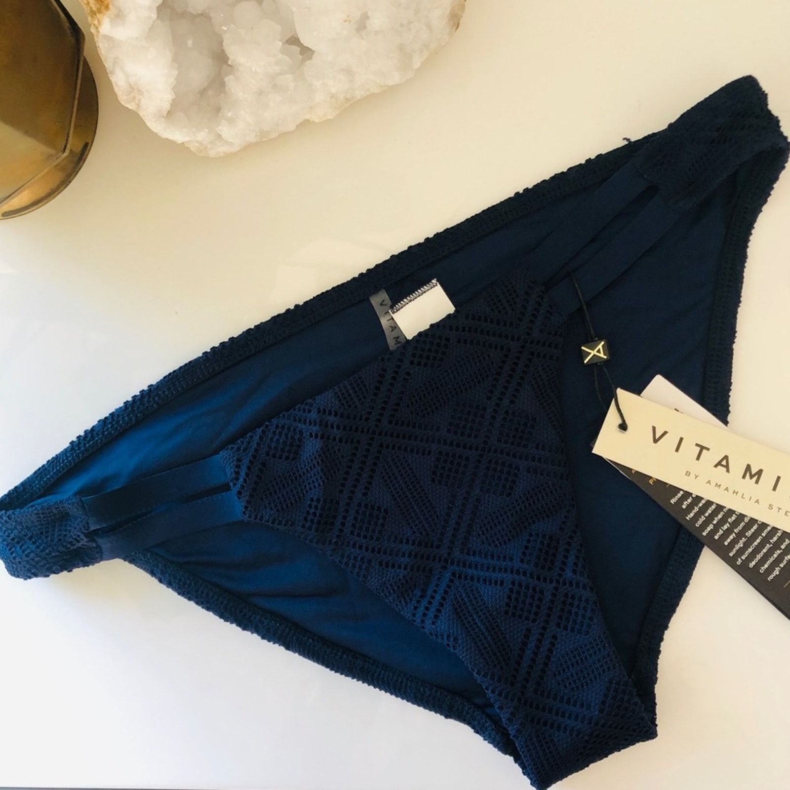 Anthropologie NEW VITAMIN A Navy Blue Textured Cutout Strap Bikini Bottom Size ONE SIZE - 5 Thumbnail