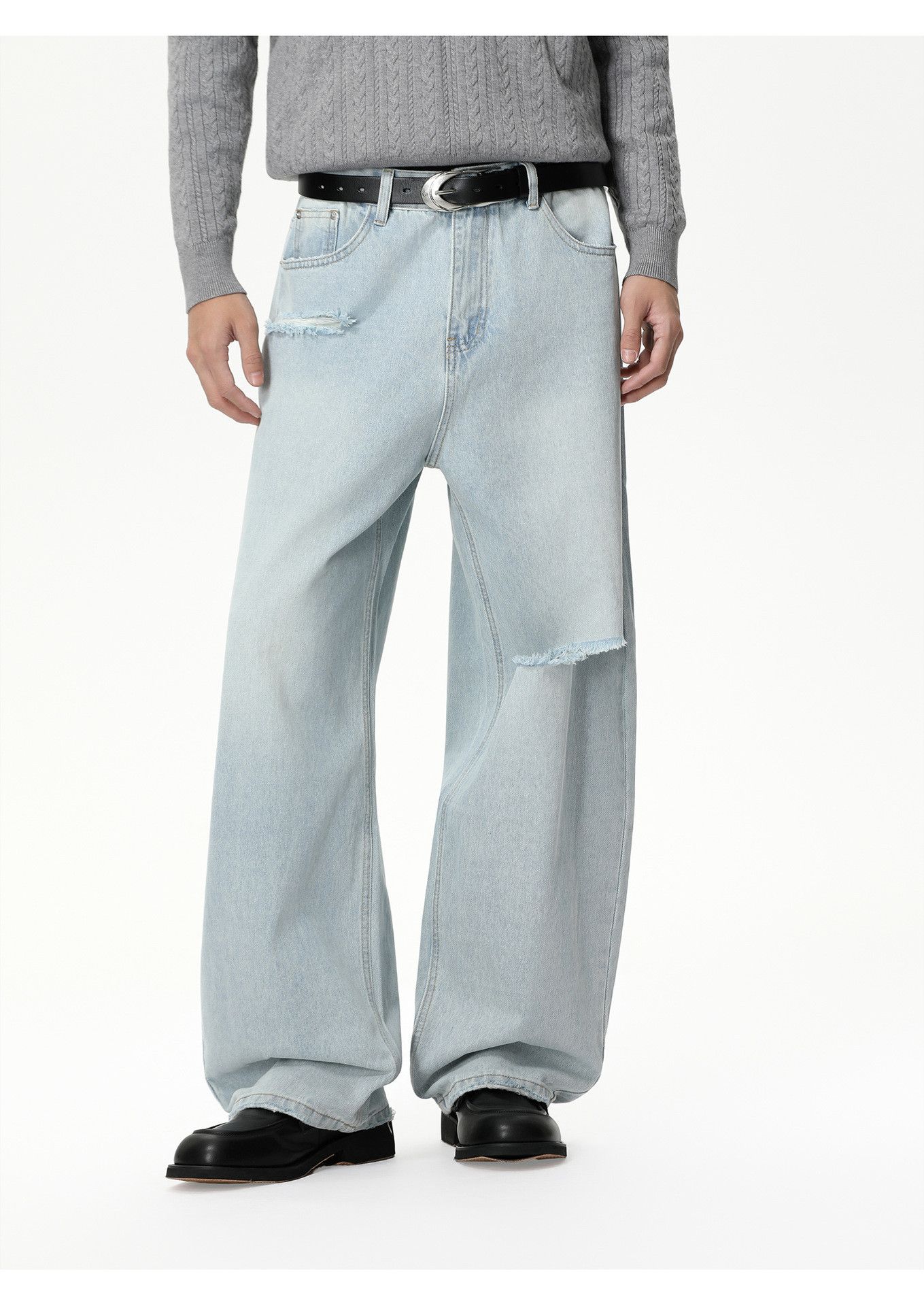 Japanese Brand Men's distressed curved wide-leg washed jeans Size US 34 / EU 50 - 2 Thumbnail