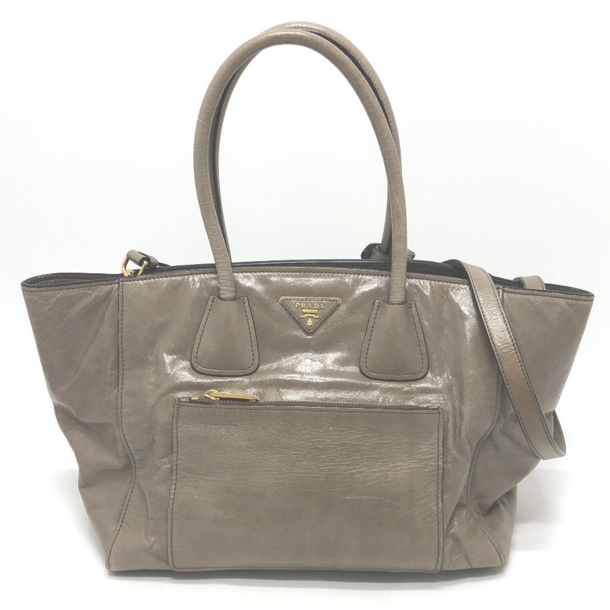 Prada Bn2626 Logo Bag 2Way Handbag Shoulder Crossbody Triangle Plate Tote Leather Women's Brown